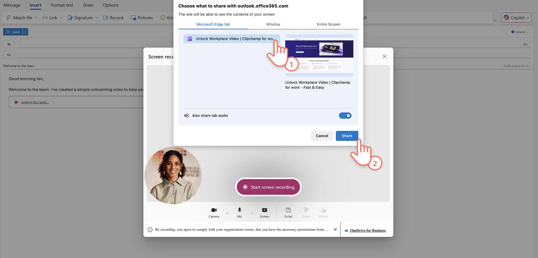 Eine Person aktiviert die Berechtigungen für die Bildschirmaufnahme in Outlook.