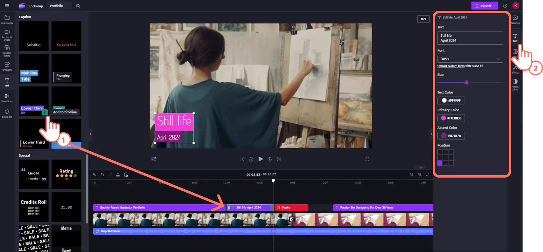 Een Clipchamp-gebruiker die graphics voor een onderste derde deel toevoegt aan een videoportfolio.