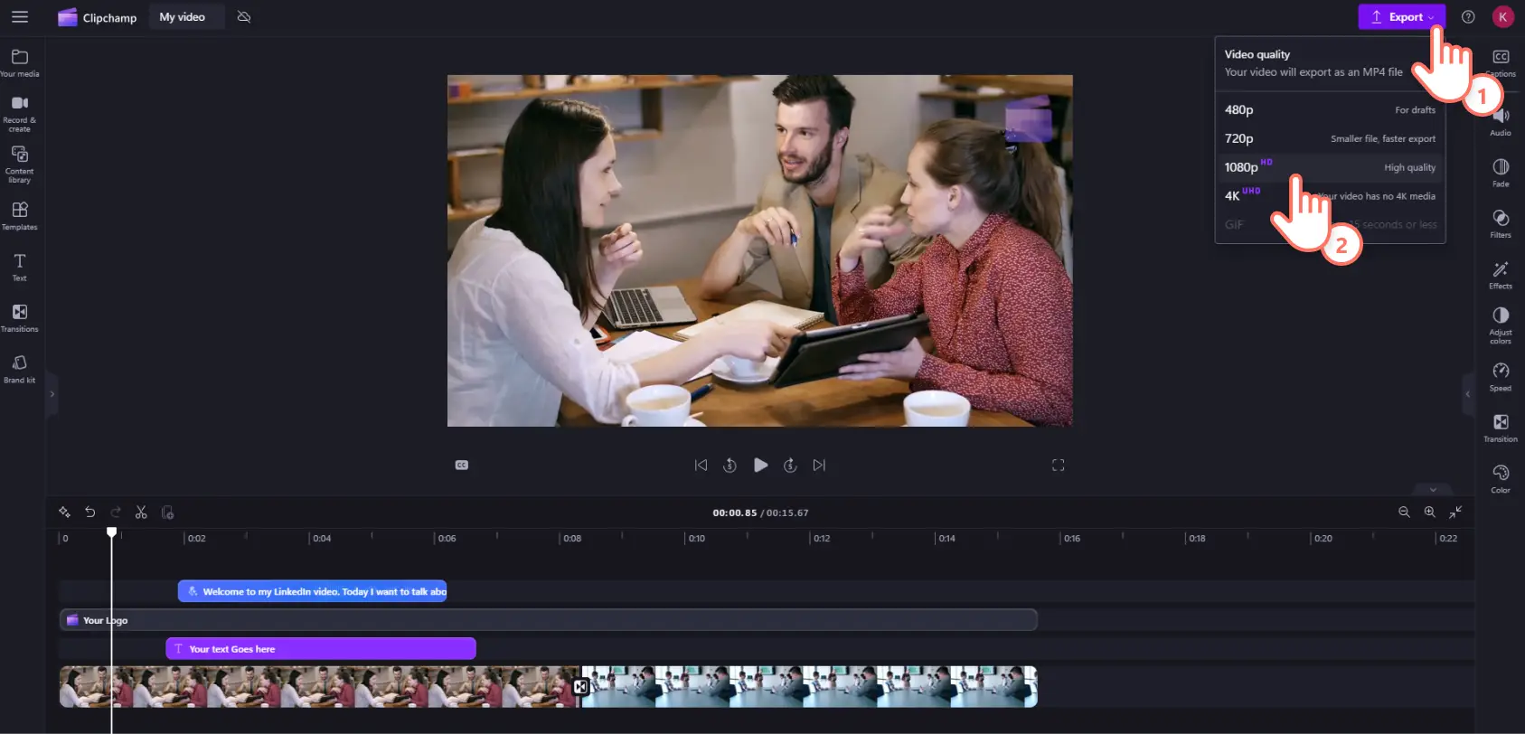 Une image d’un utilisateur de Microsoft Clipchamp exportant sa vidéo LinkedIn en résolution 1080p.