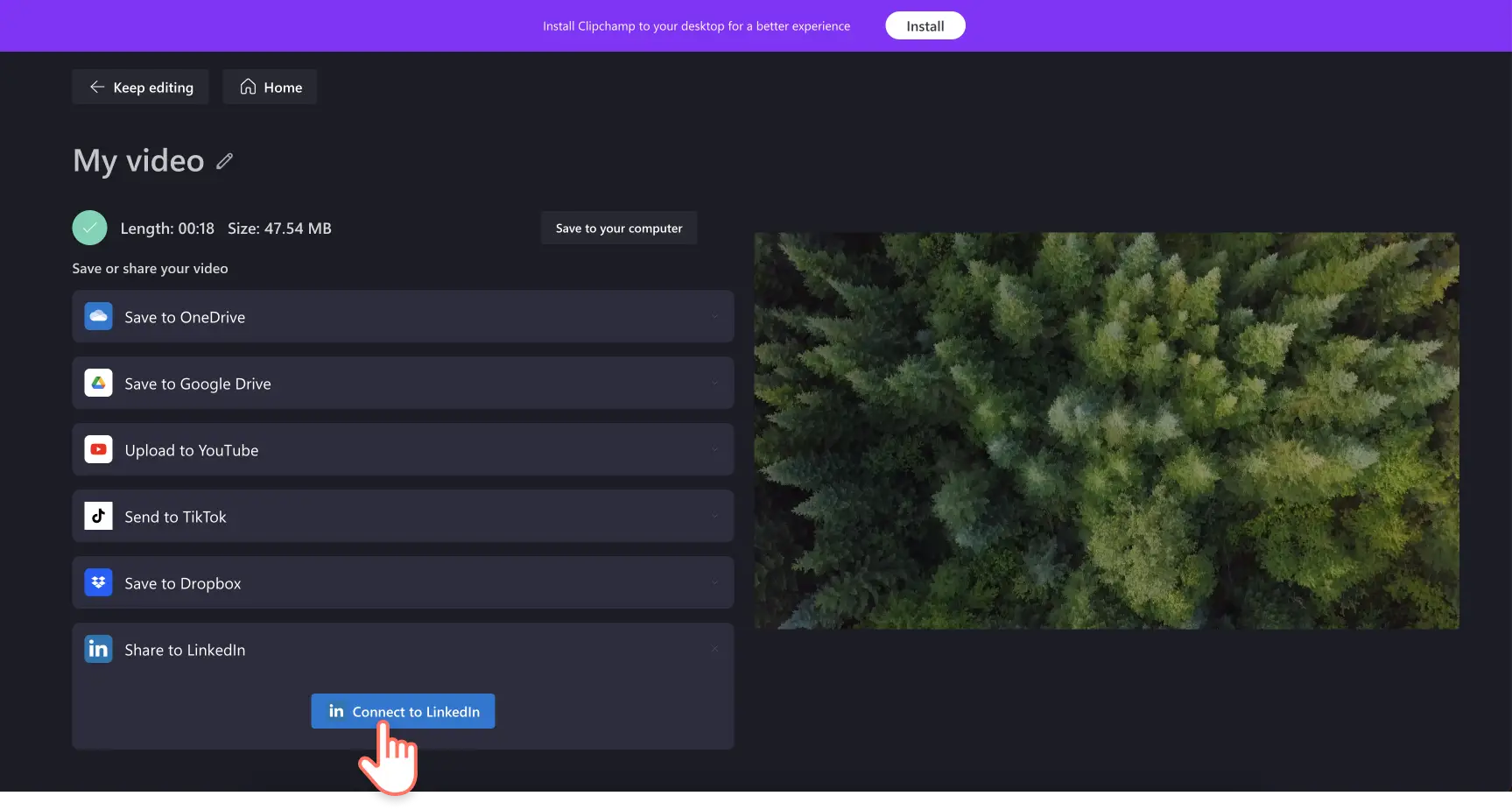 Image of a user clicking to connect their LinkedIn account with Clipchamp.