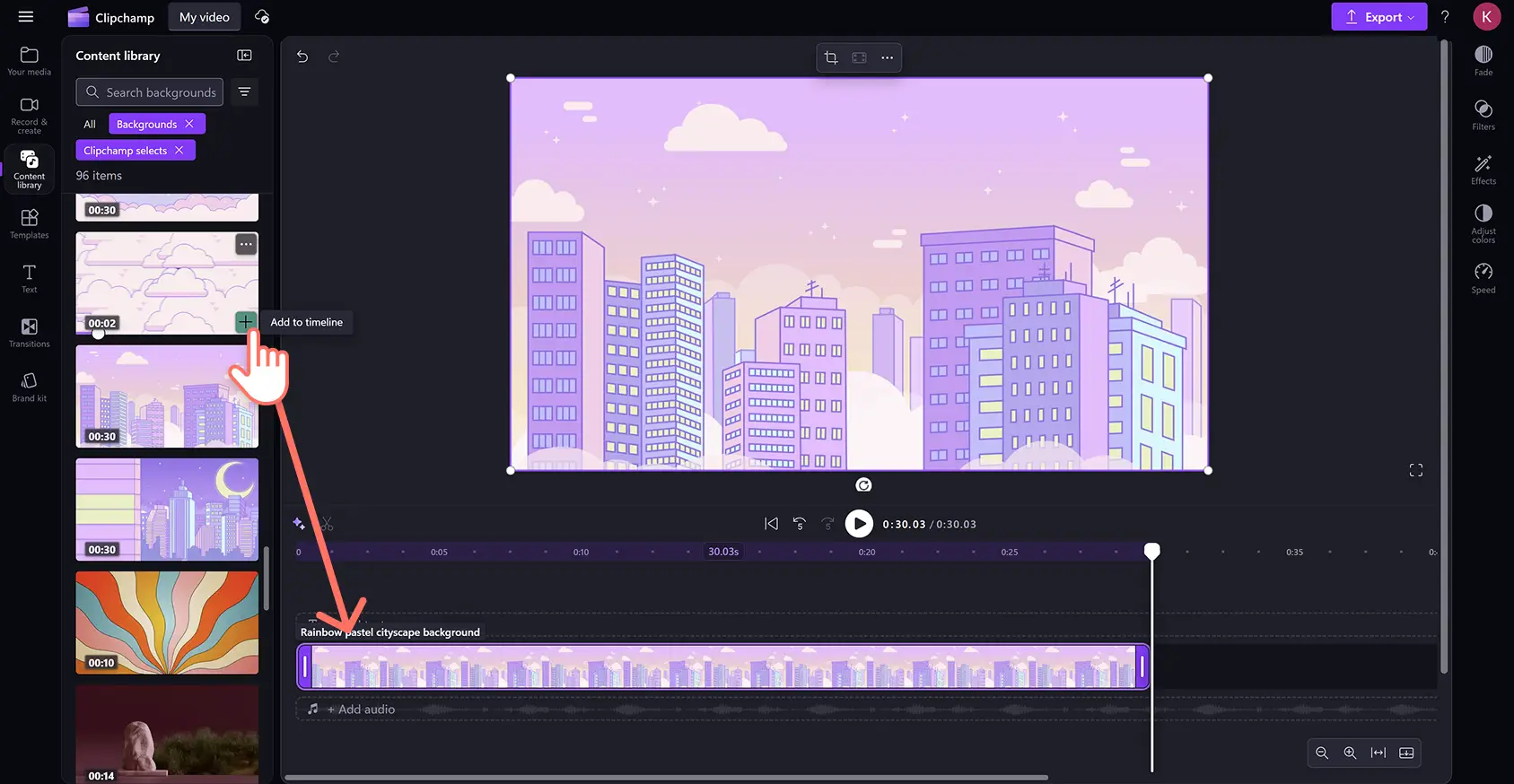 Eine Person, die ein Videohintergrund per Drag & Drop auf die Zeitleiste im Clipchamp Video-Editor zieht.