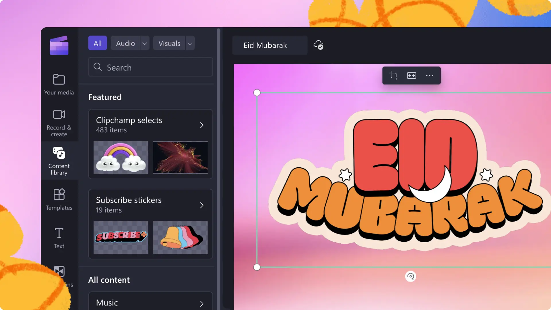 Hacer un vídeo de saludo Eid en Clipchamp usando fondos coloridos y adhesivos