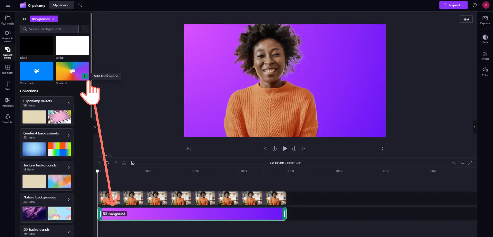 A user dragging a gradient background onto the timeline in Clipchamp.