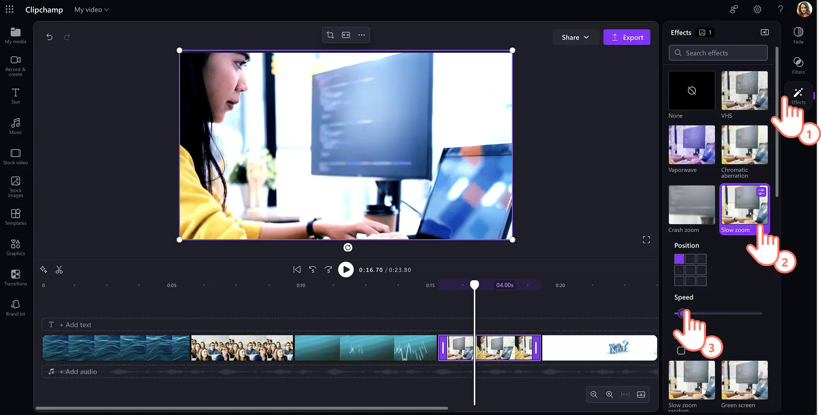 Utente che aggiunge un effetto zoom lento a un video in Clipchamp per lavoro