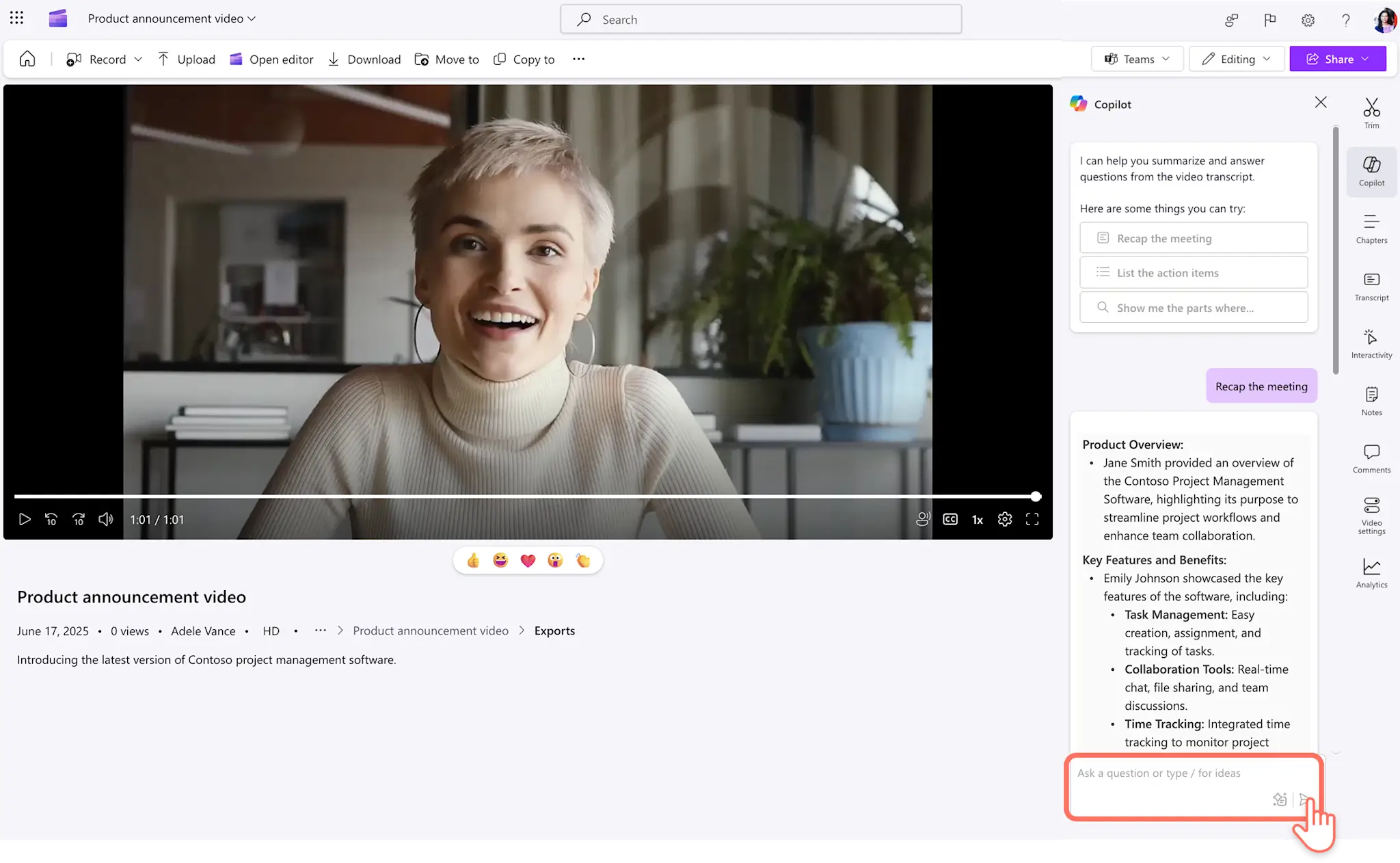 En bruger stiller opfølgende spørgsmål til Copilot efter at have genereret en videoopsummering