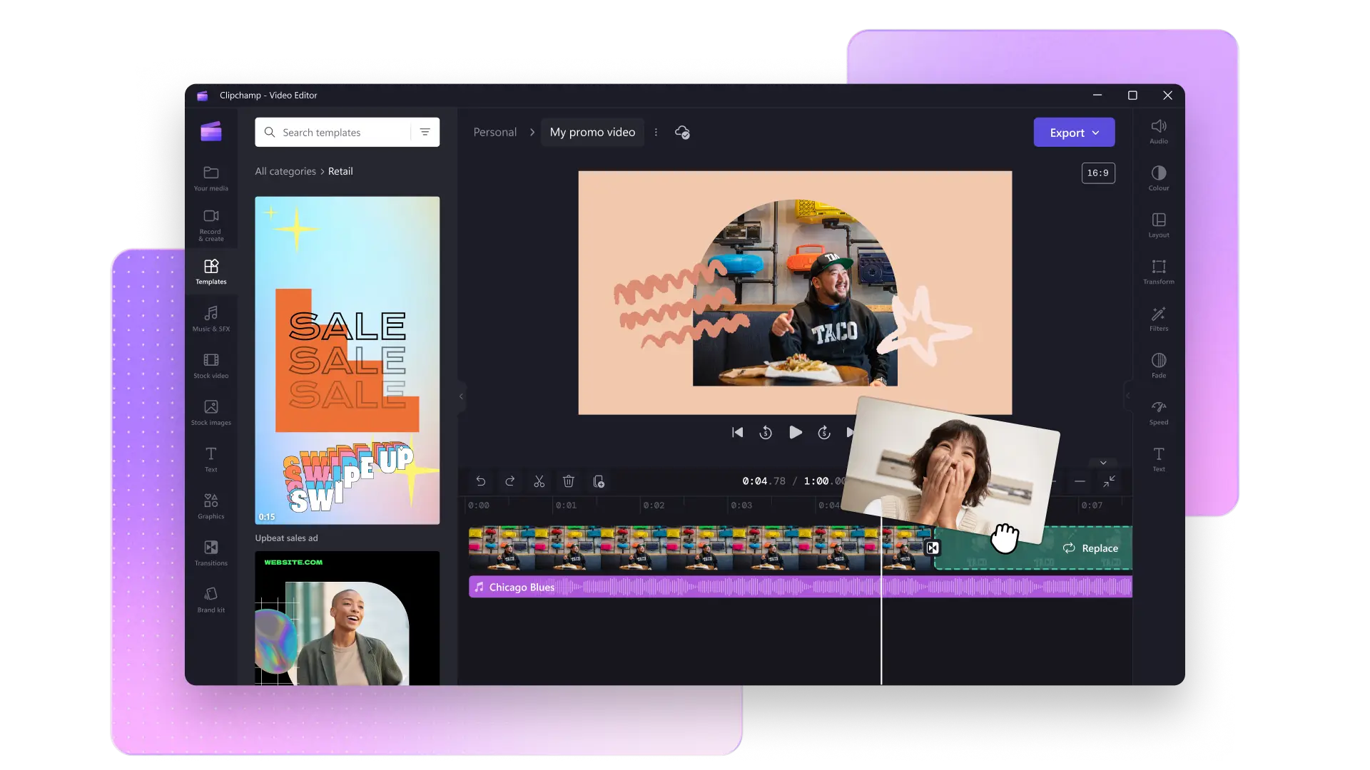 Image du logiciel de montage vidéo Clipchamp présentant une option de modèle. On y voit la photo d'une femme enthousiaste qui est ajoutée à la chronologie du montage vidéo.