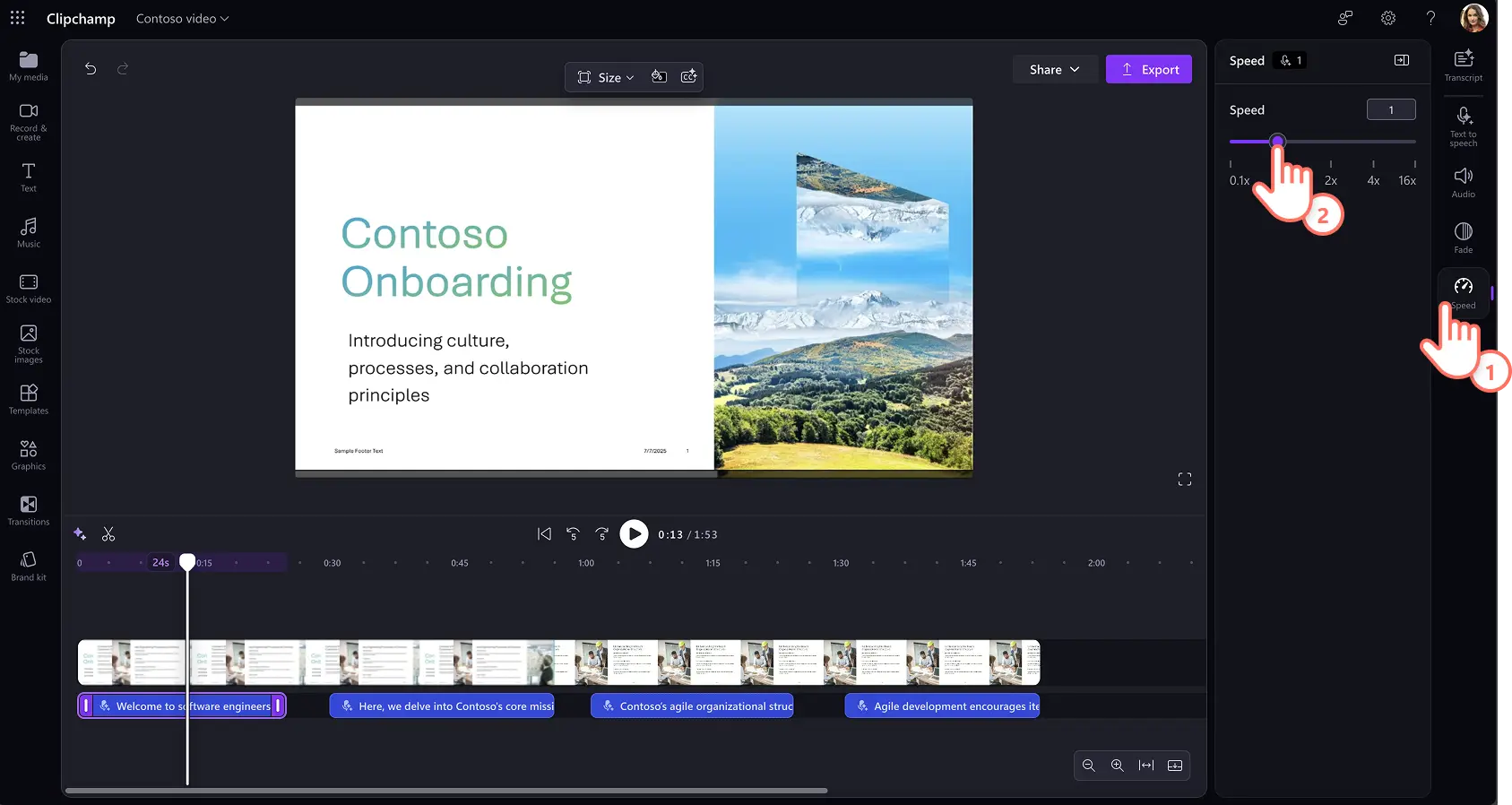 Un usuario aumenta y disminuye la velocidad de la voz en off basada en IA en Clipchamp