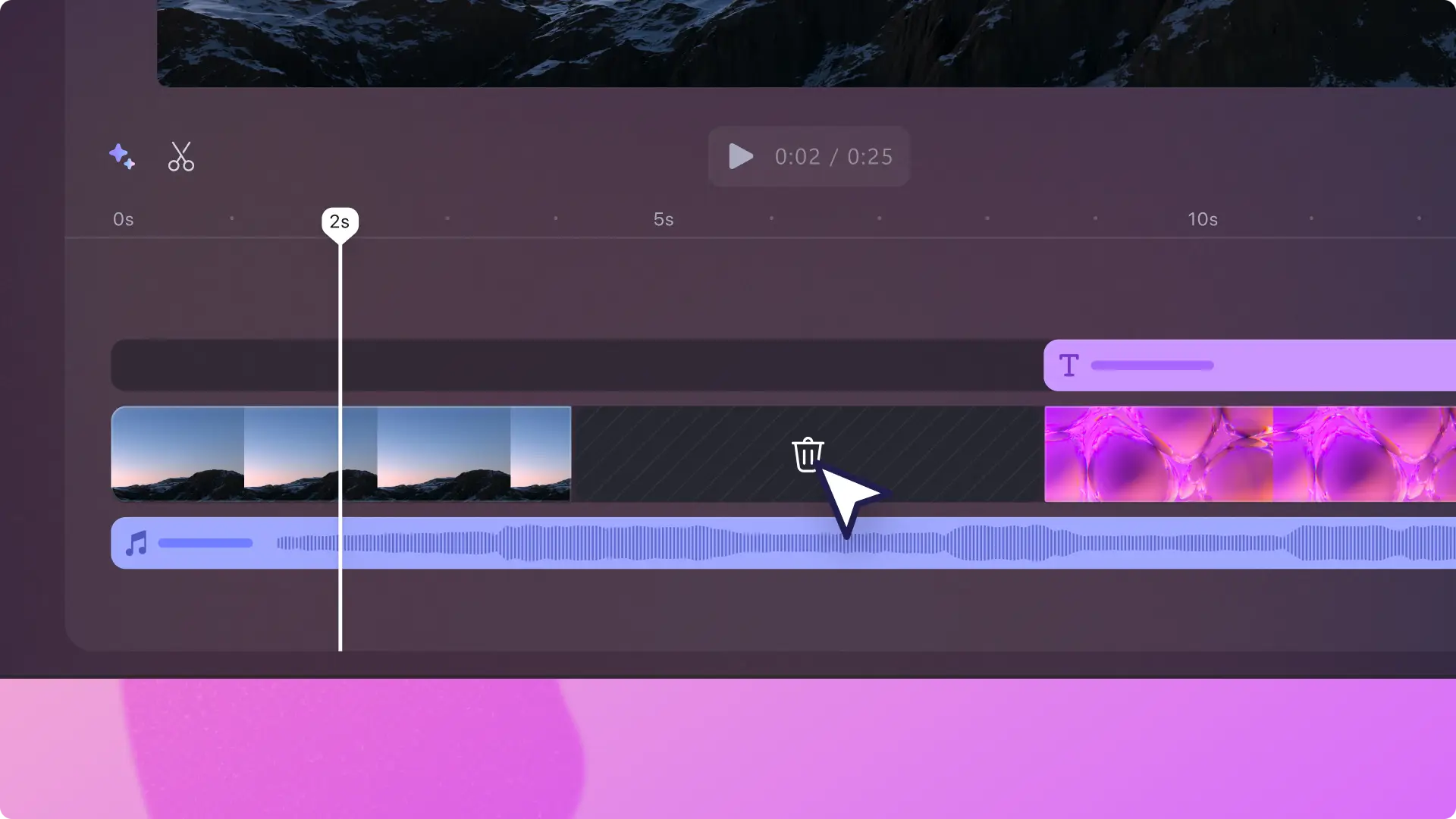 Clipchamp ビデオ エディターのタイムライン上のギャップ除去のアイコンにカーソルを合わせた状態。
