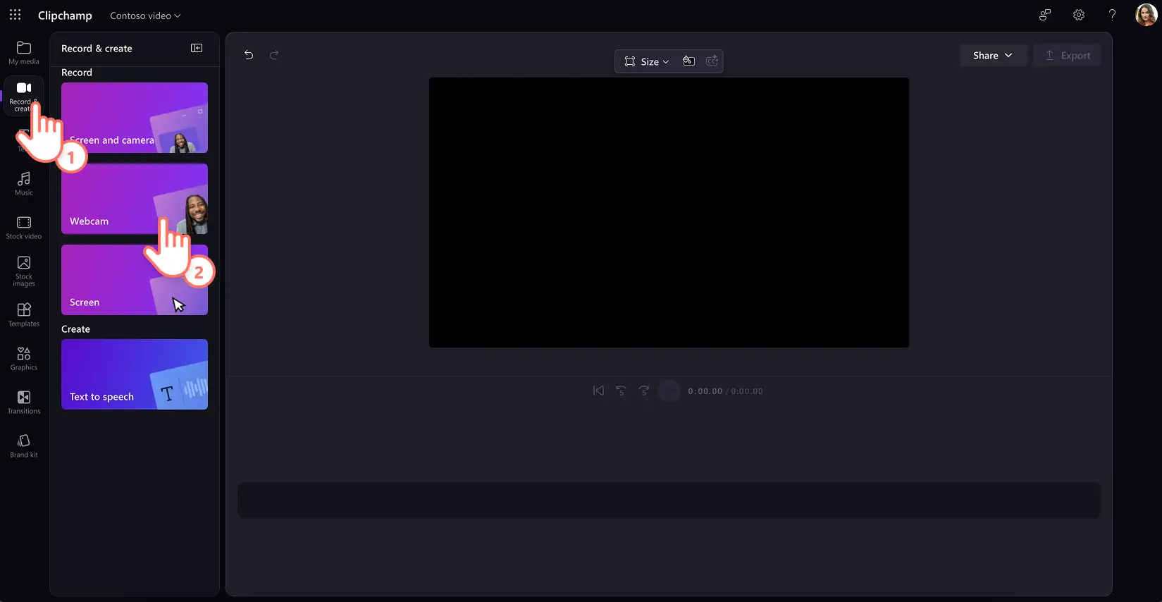 En bruger optager en webcamvideo i Clipchamp-videoeditoren til arbejde