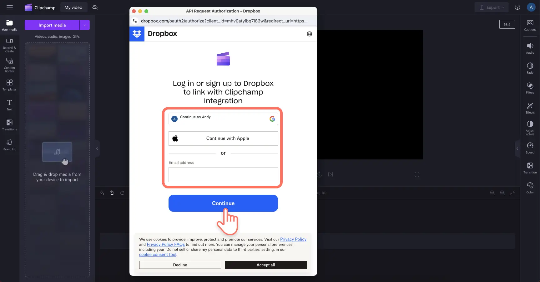 Bilde av en bruker som logger på Dropbox for å koble den med Clipchamp.