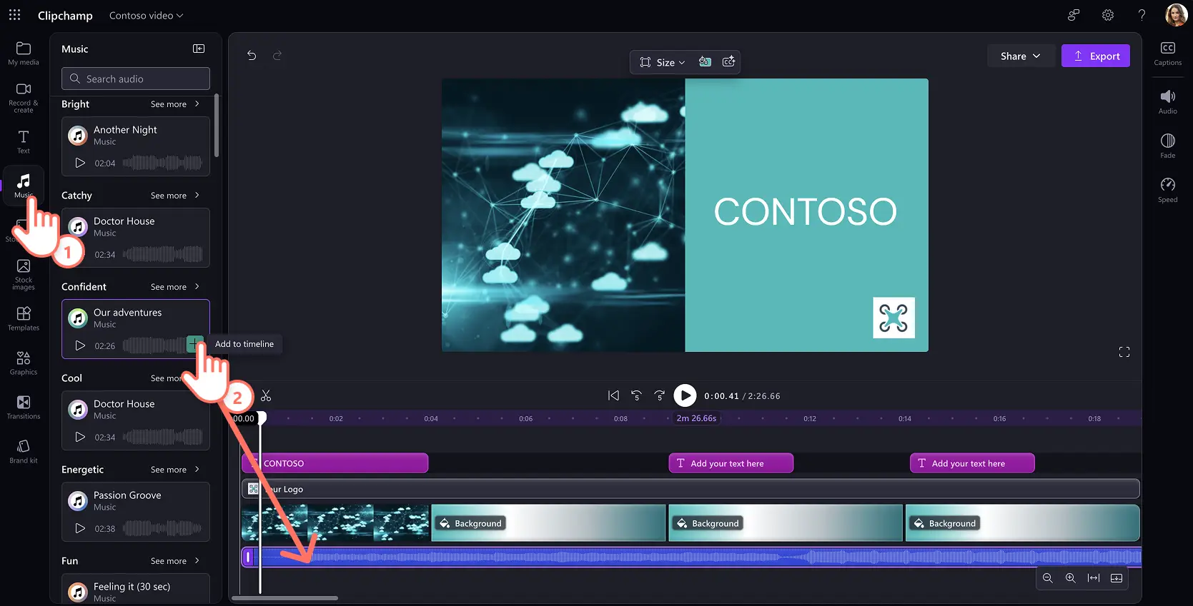 Seorang pengguna menambah runut muzik latar tanpa royalti ke templat video dalam Clipchamp