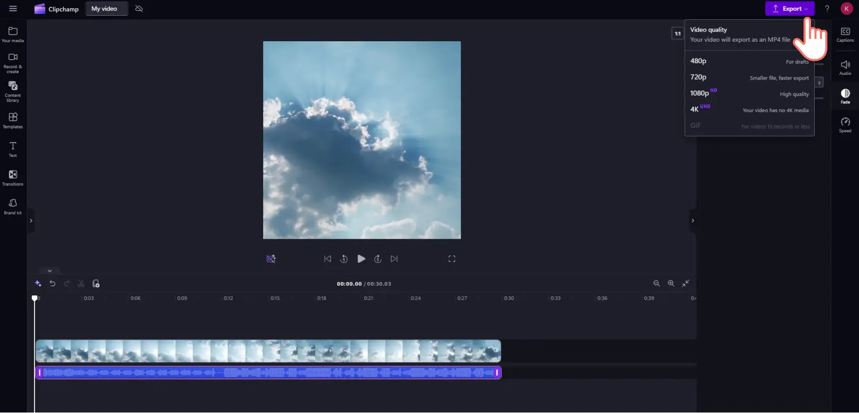 A user exporting an Instagram video in Clipchamp.
