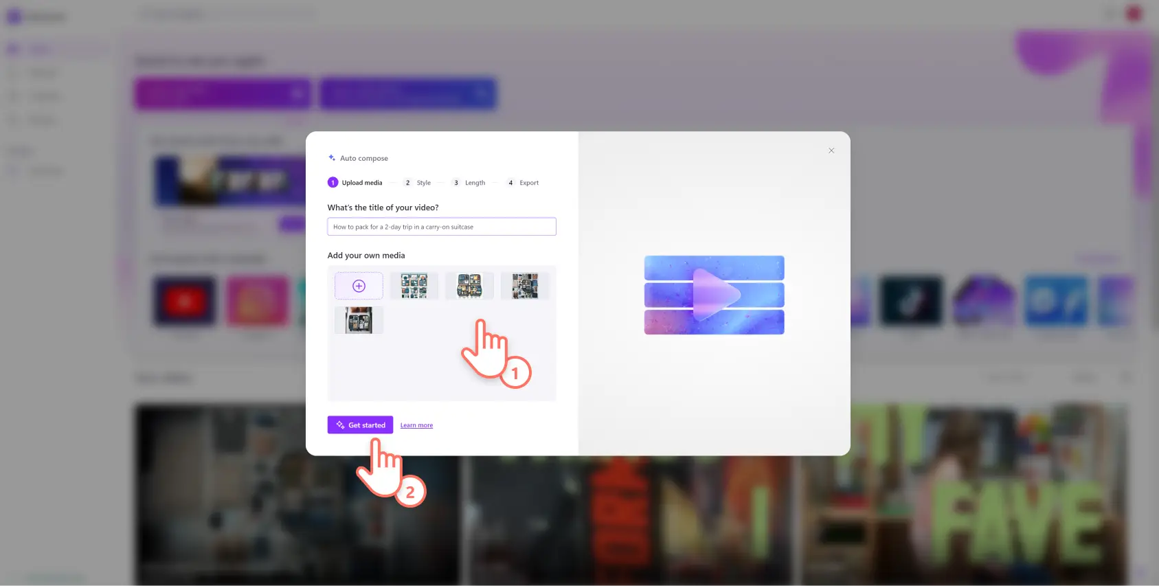 Ένα στιγμιότυπο οθόνης ενός χρήστη του Clipchamp που ανεβάζει οπτικά στοιχεία στην αυτόματη σύνθεση.