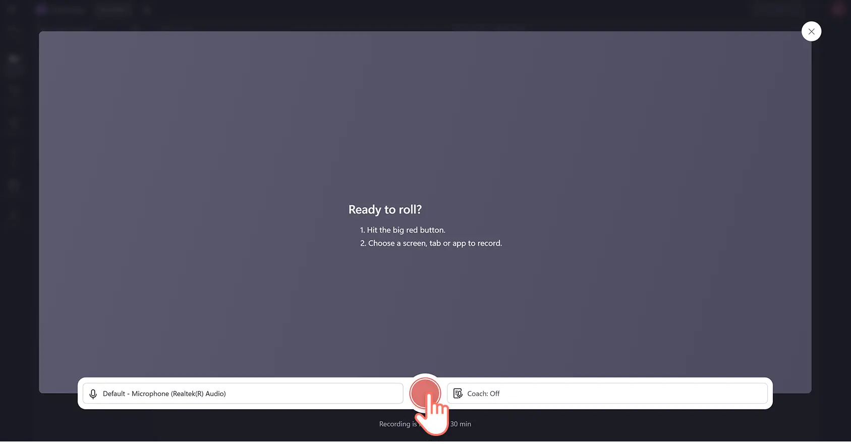 Một người dùng đang bấm vào nút ghi hình cho Windows trong trình biên tập video Clipchamp.