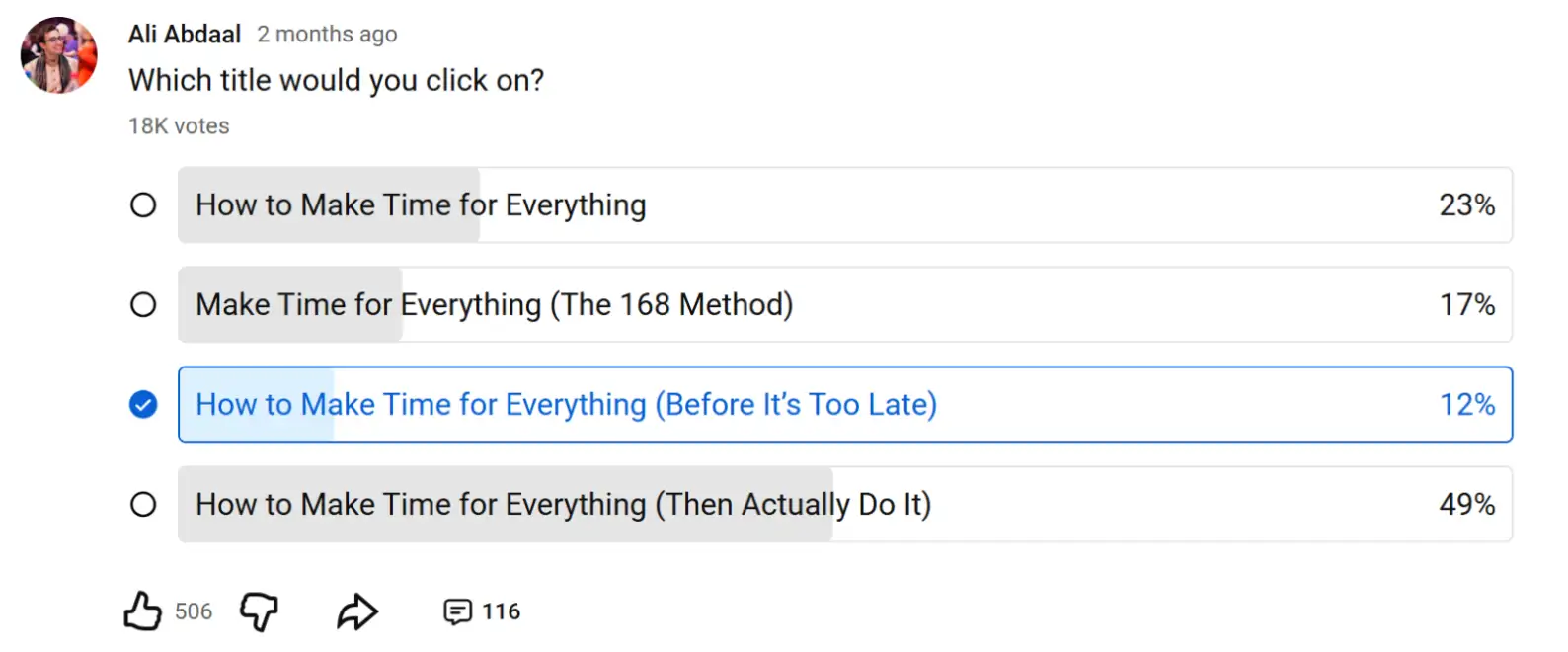 An image of a popular YouTube channel poll example