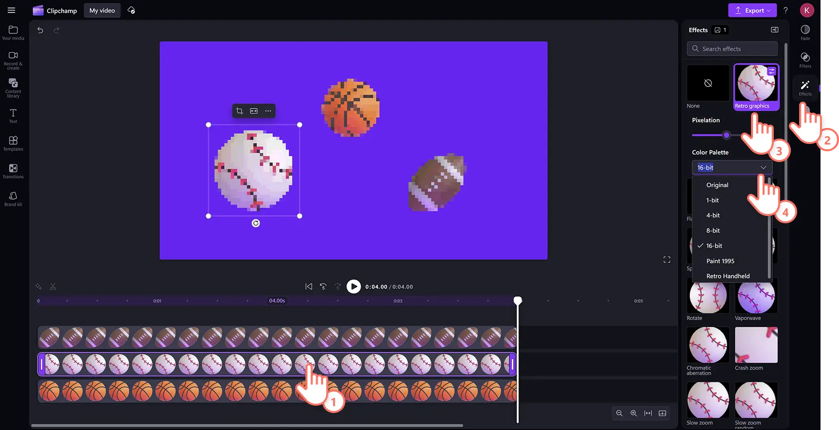 Pengguna menambahkan efek grafis retro khusus ke emoji di editor video Clipchamp.