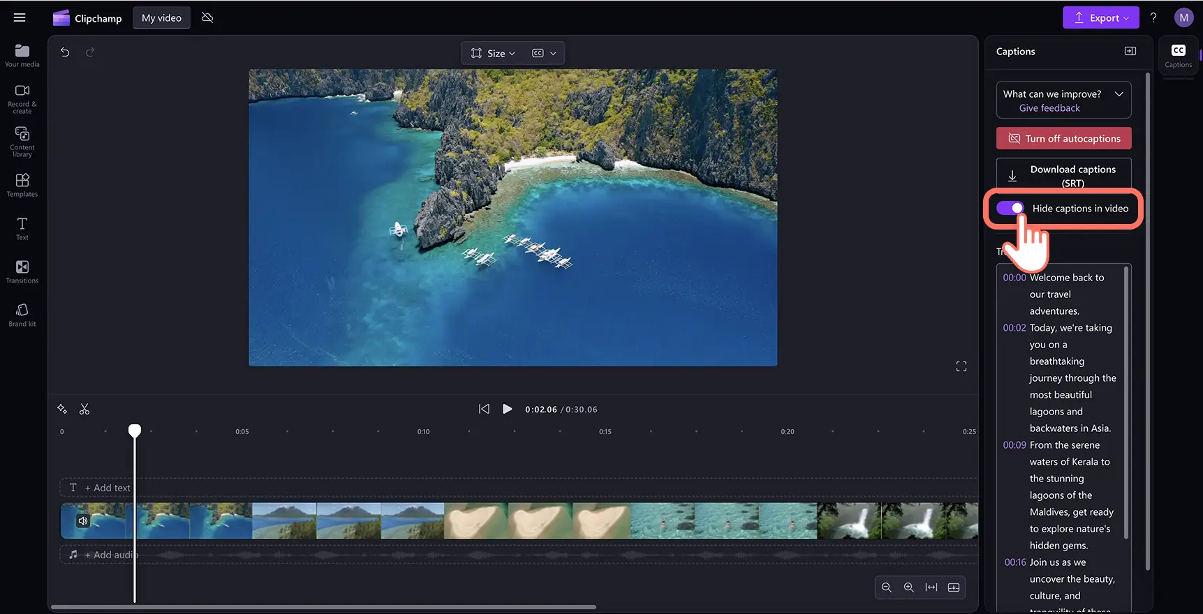 Gambar pengguna yang mematikan atau menyembunyikan keterangan dalam video di Clipchamp.