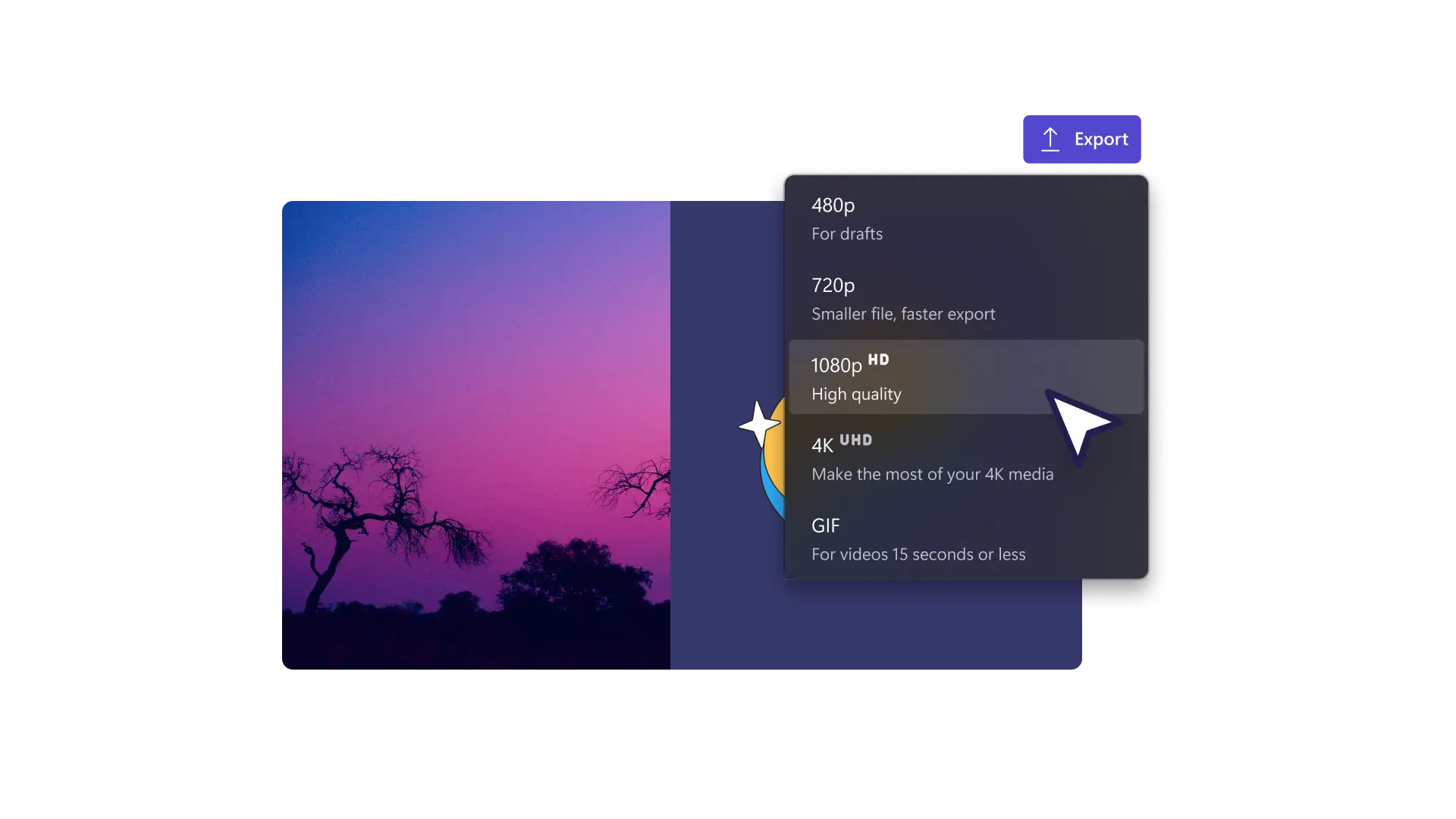 Clipchamp қолданбасында бейнені әртүрлі ажыратымдылықта сақтау опцияларын көрсететін кескін. 
