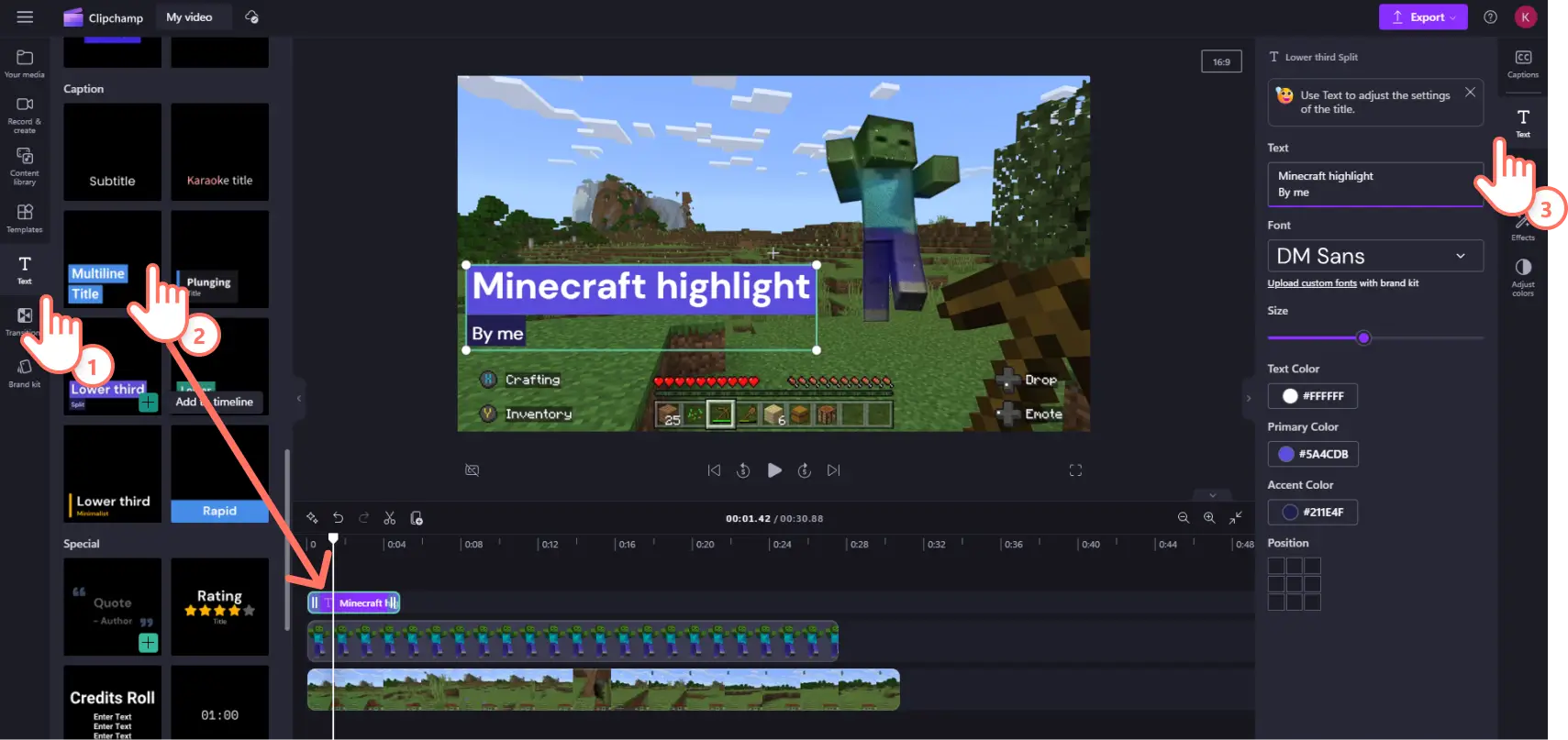 Gambar pengguna Clipchamp menambahkan teks sepertiga bawah ke klip videonya.