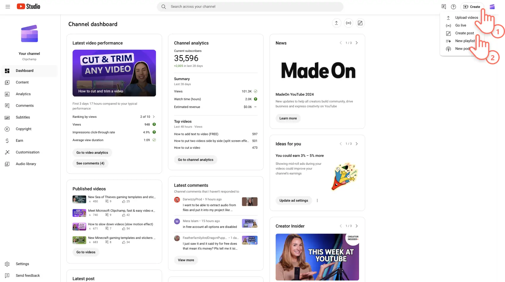 1. Adım: YouTube Studio’da yeni bir gönderi oluşturun