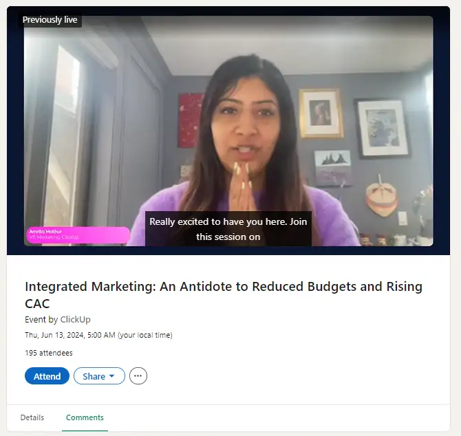 Capture d’écran d’une vidéo en direct de ClickUp sur LinkedIn.