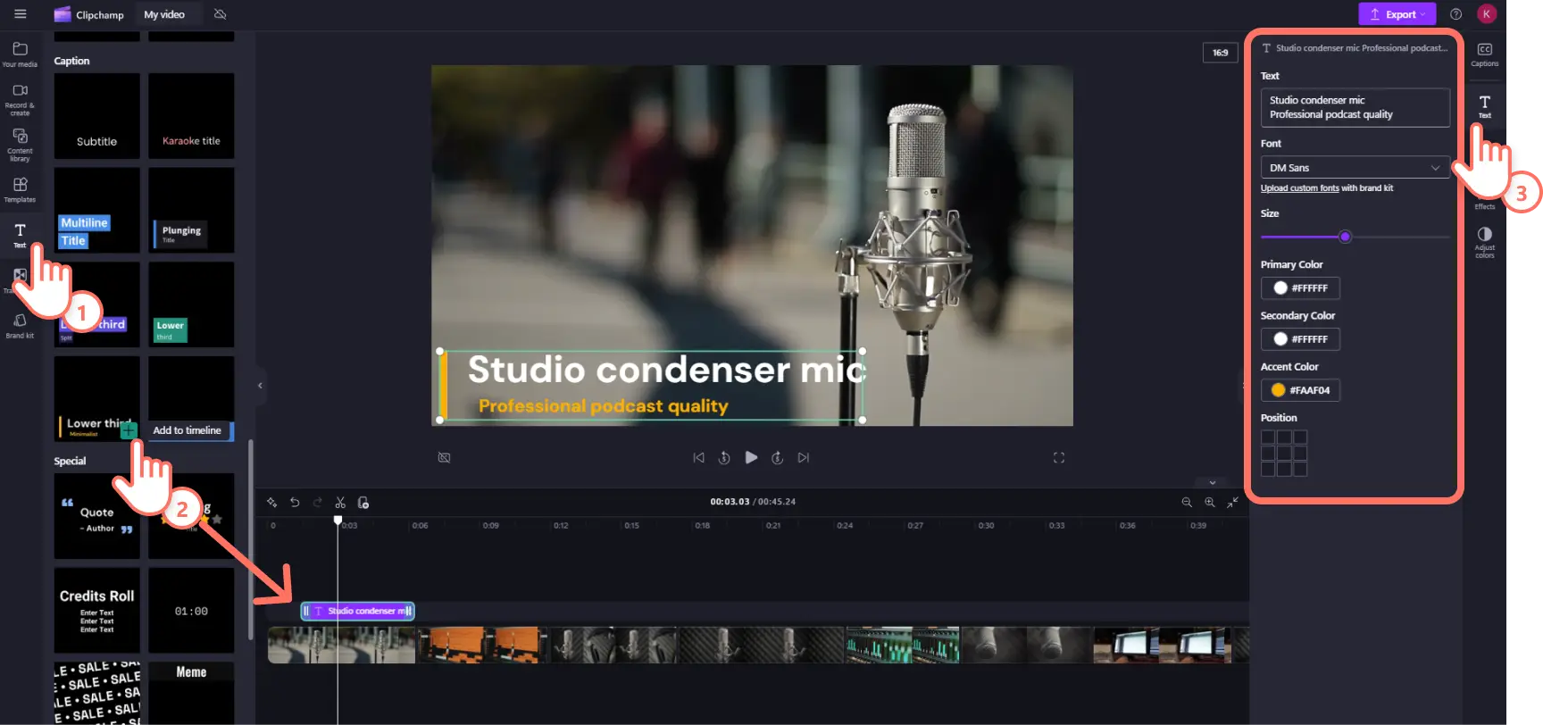 A user adding animated text to the timeline in Clipchamp.