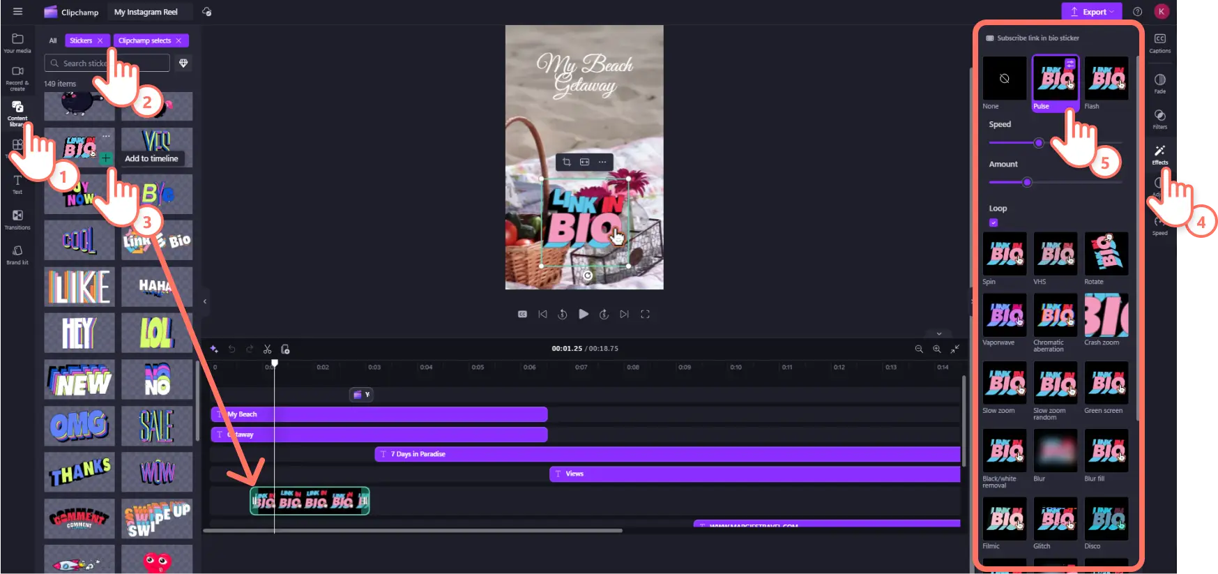 Un utilisateur de Clipchamp ajoutant un autocollant animé à sa vidéo de Reel Instagram.