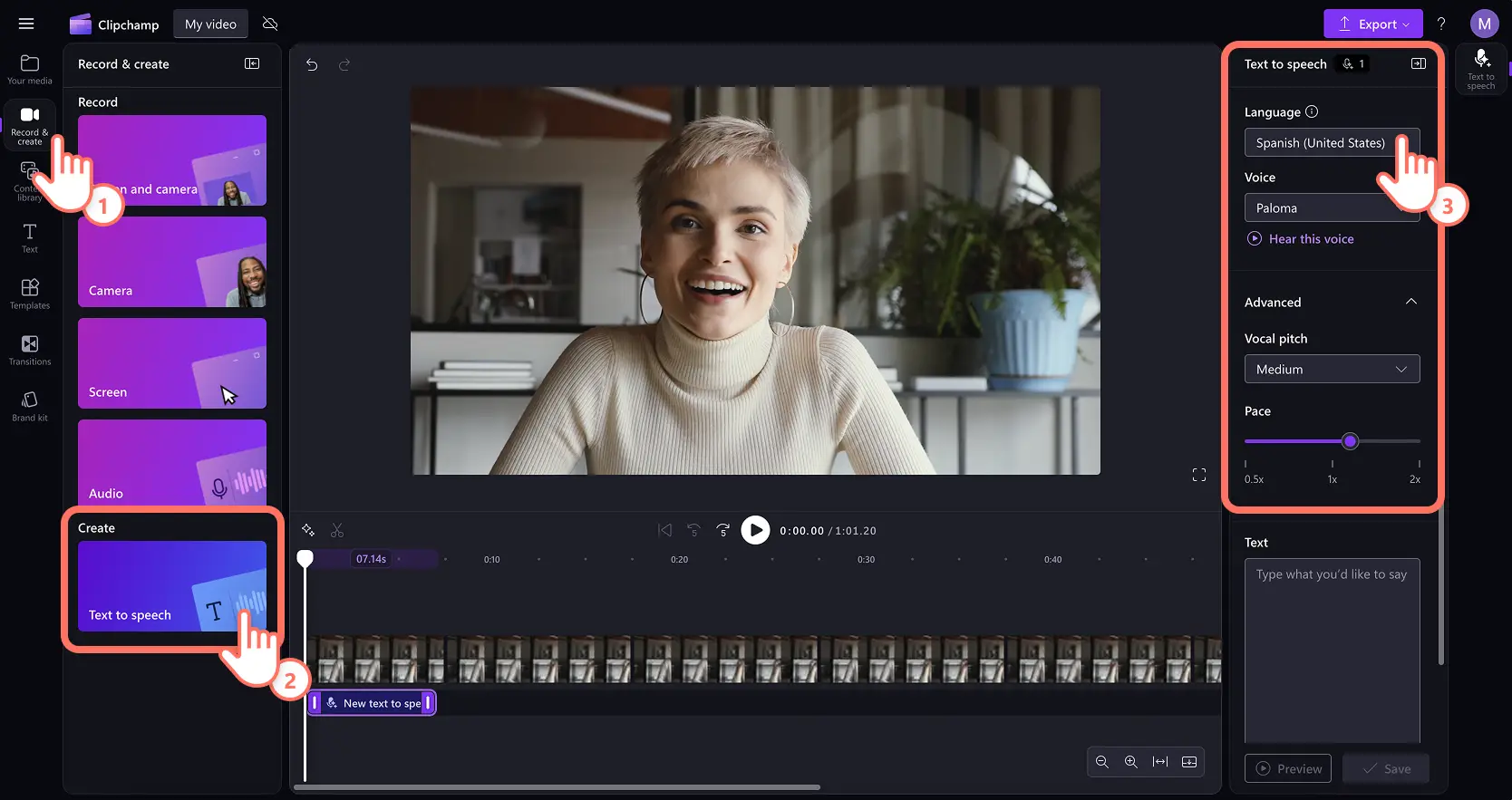 Un usuario elige una voz y un estilo basados en IA en español en el editor de vídeo Clipchamp.