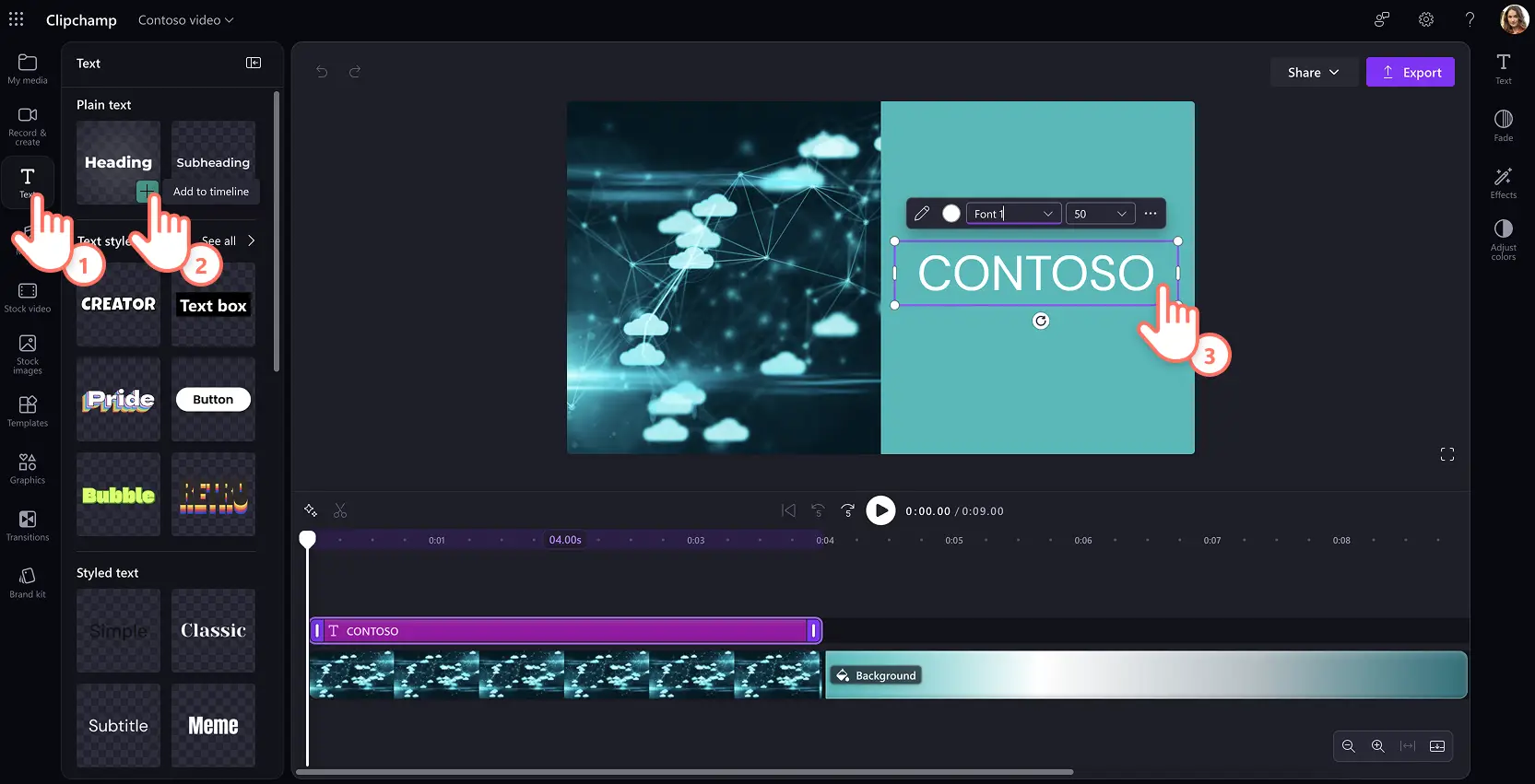 Seorang pengguna menambah teks dan tajuk animasi ke templat video dalam Clipchamp