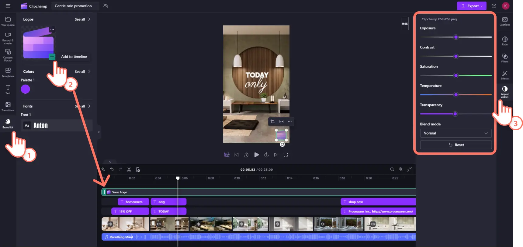 A user adding assets from the brand kit to an Instagram video ad template in Clipchamp.