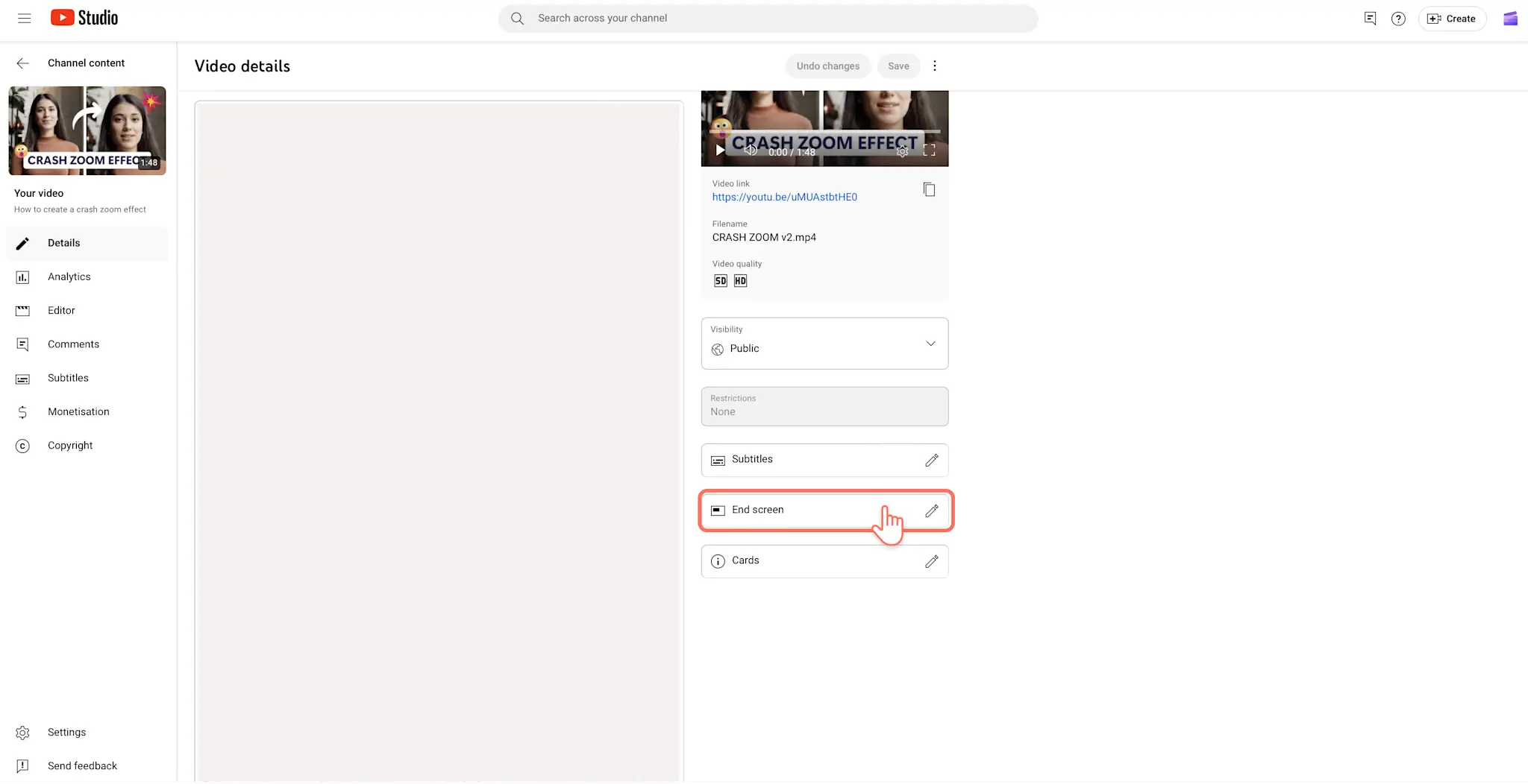 Sélection de l'option modifier l’écran de fin pour une vidéo dans YouTube studio.