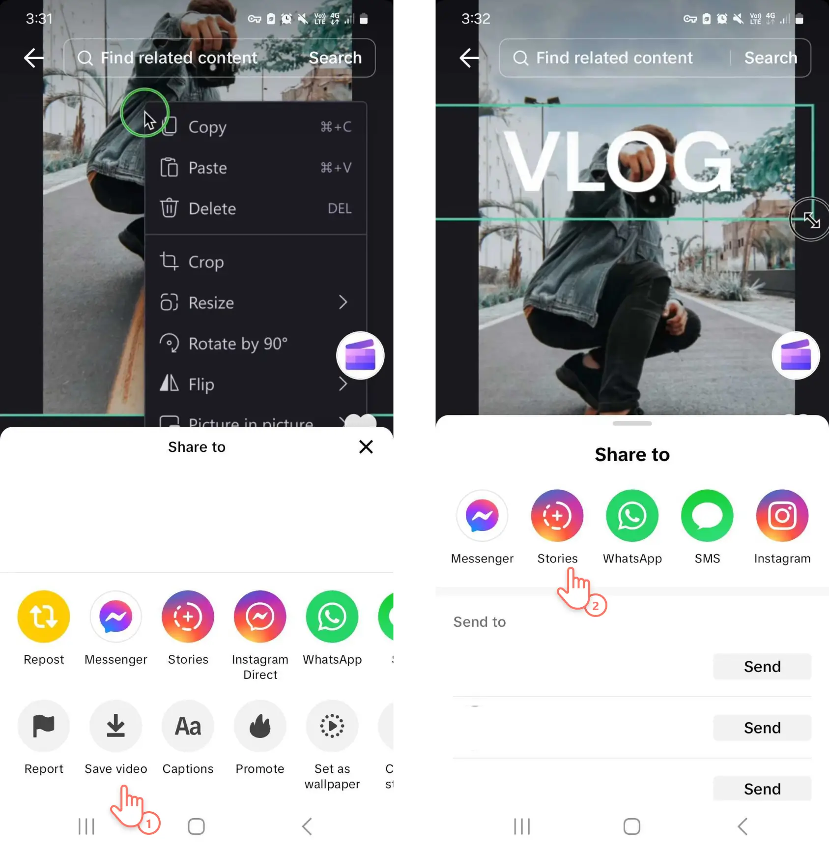 Et bilde av en Clipchamp-bruker som lagrer en video fra TikTok for å dele den direkte til Instagram-historier.