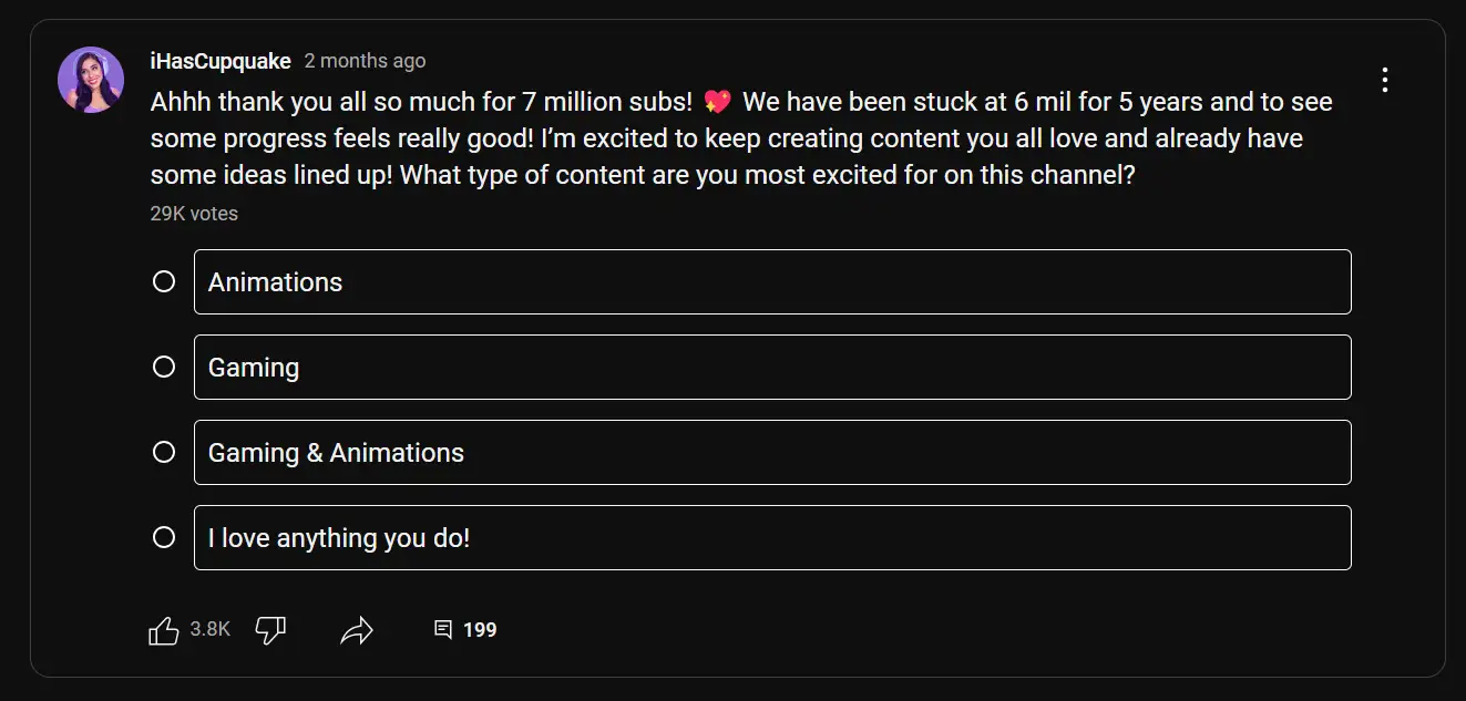 iHasCupquake’in YouTube Anket’inden bir ekran görüntüsü.