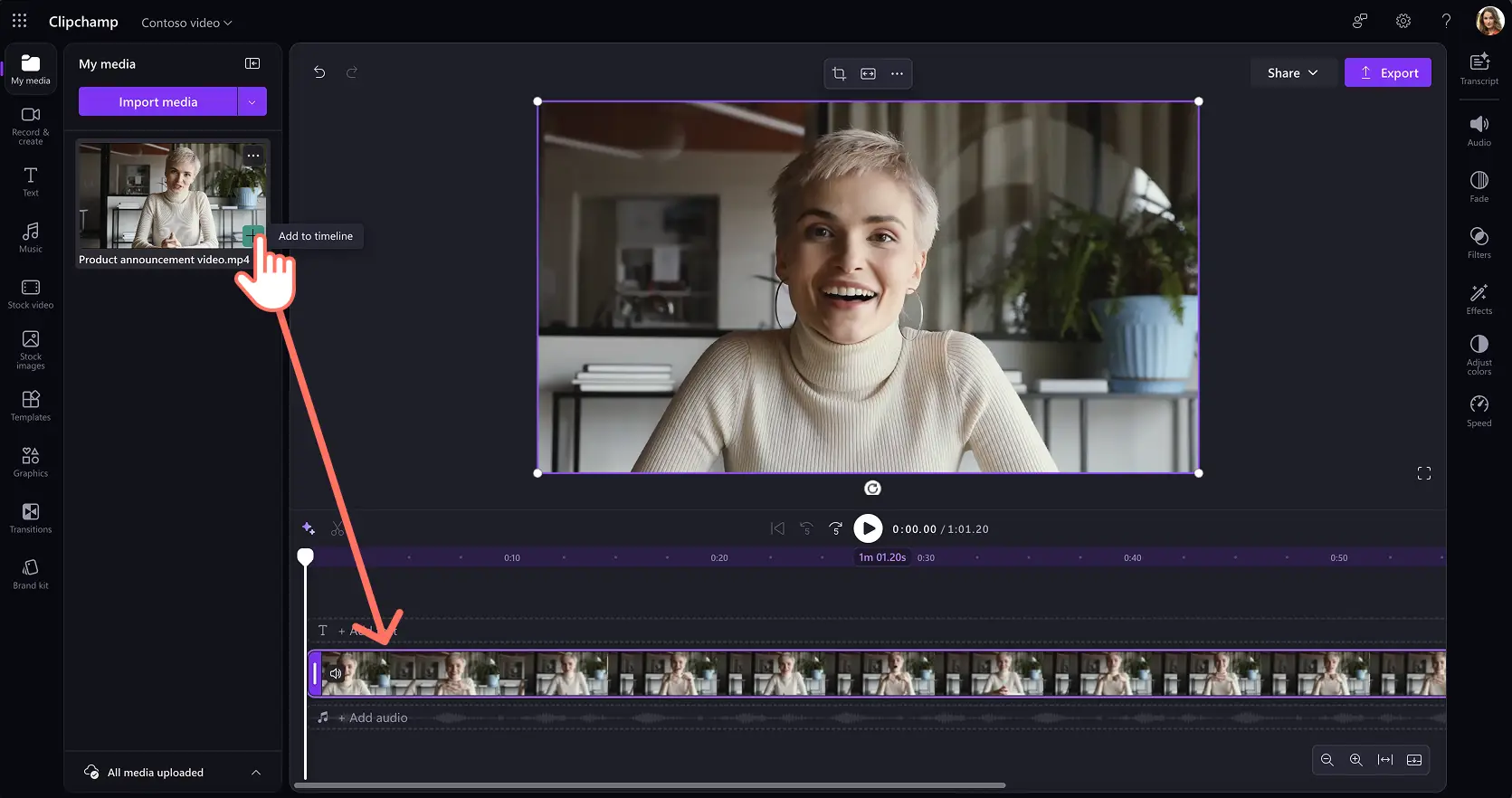 En bruger føjer en virksomhedsmeddelelsesvideo til Clipchamp til arbejde
