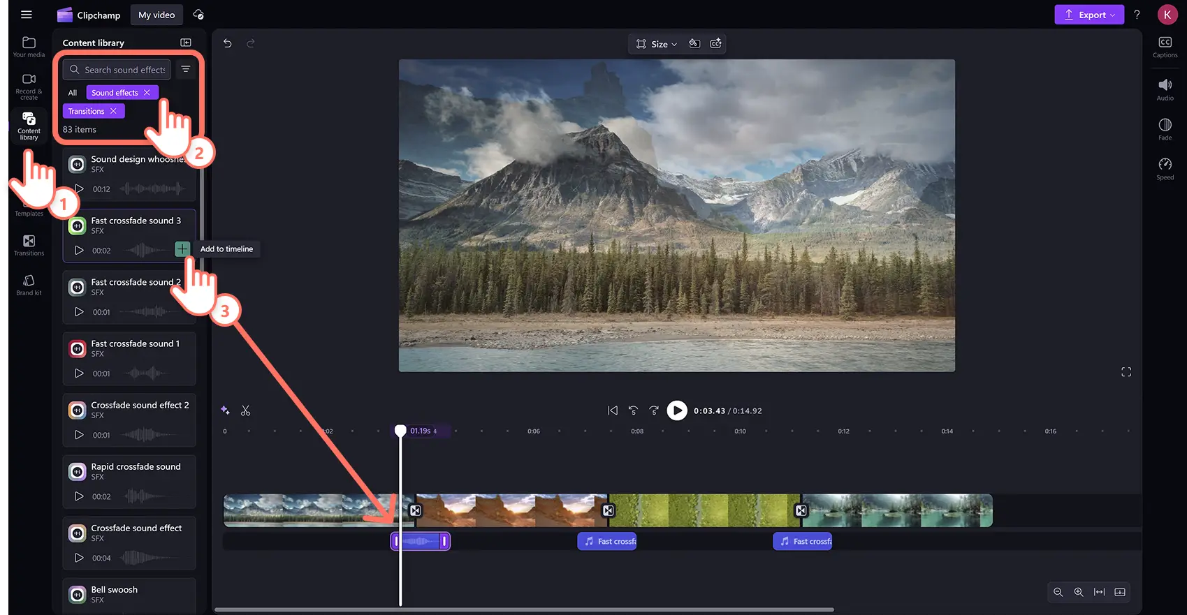 Immagine di un utente che aggiunge transizioni tra video nella sequenza timeline.