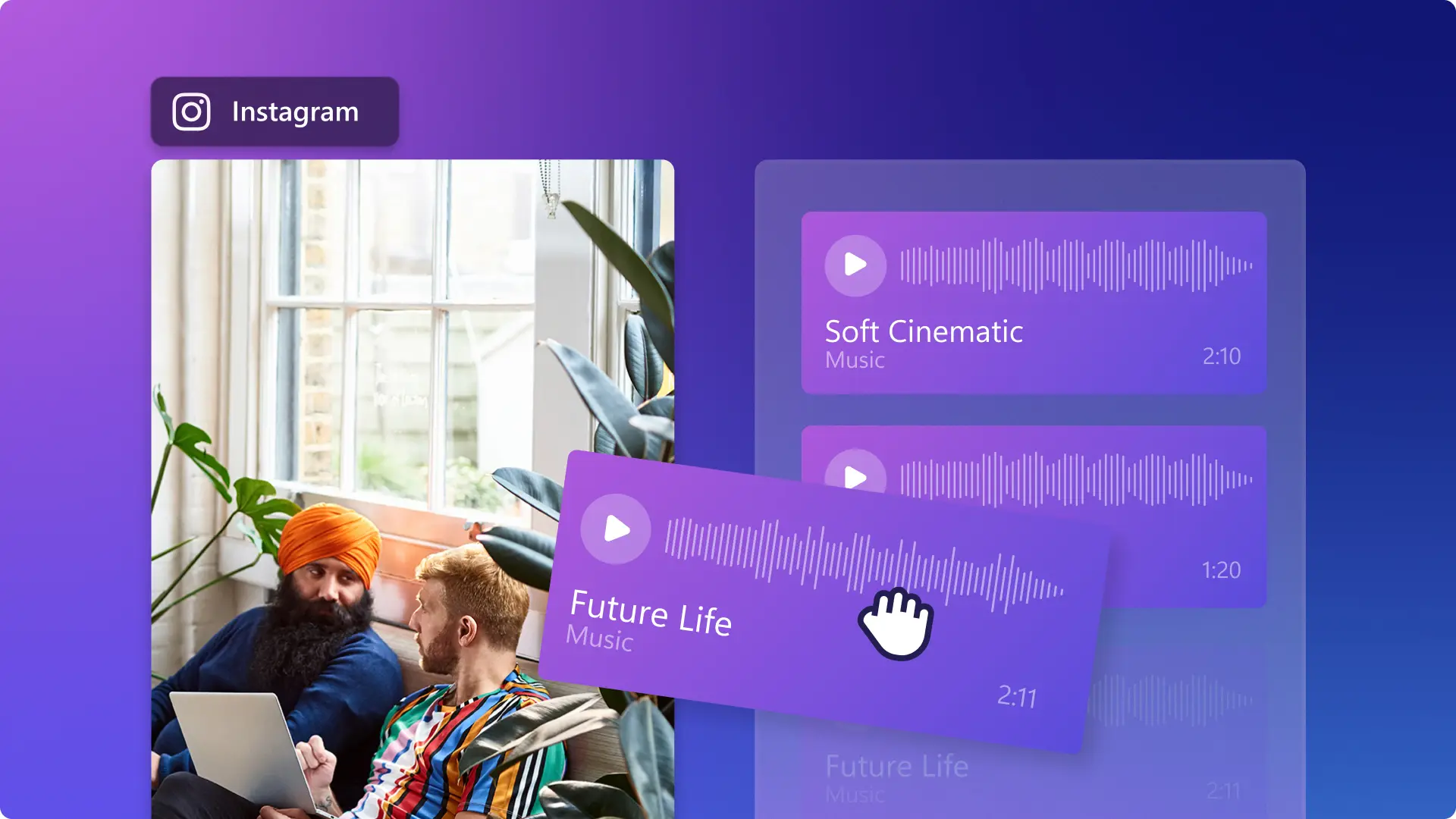 Un utente che aggiunge musica a un video Instagram in Clipchamp.