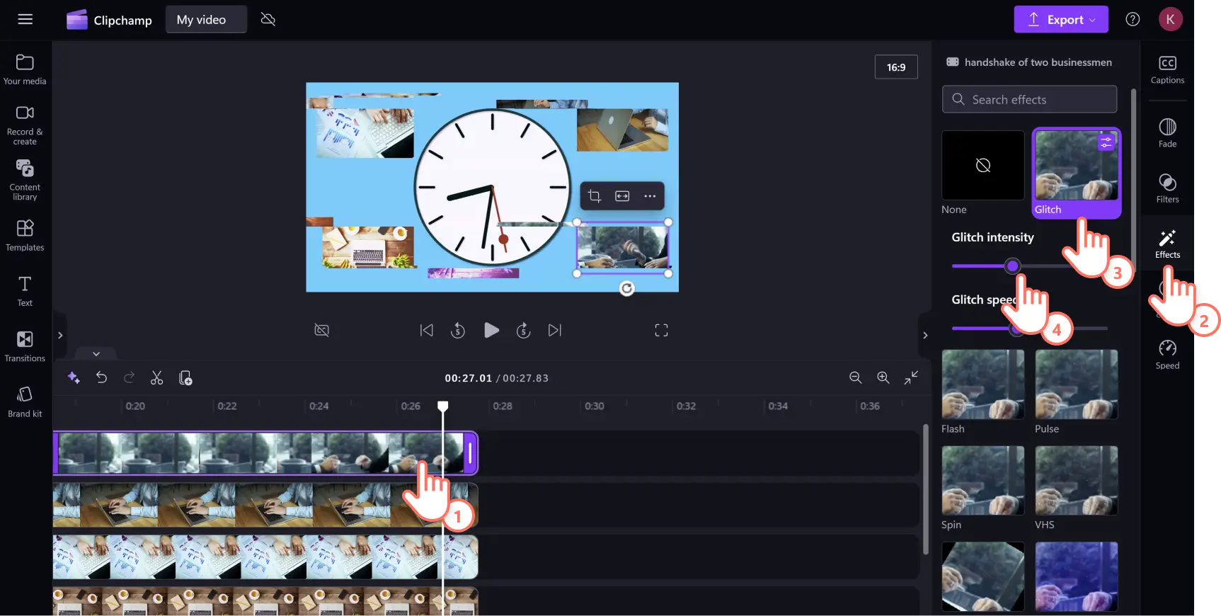 A user adding the glitch effect to stock imagery in Clipchamp.