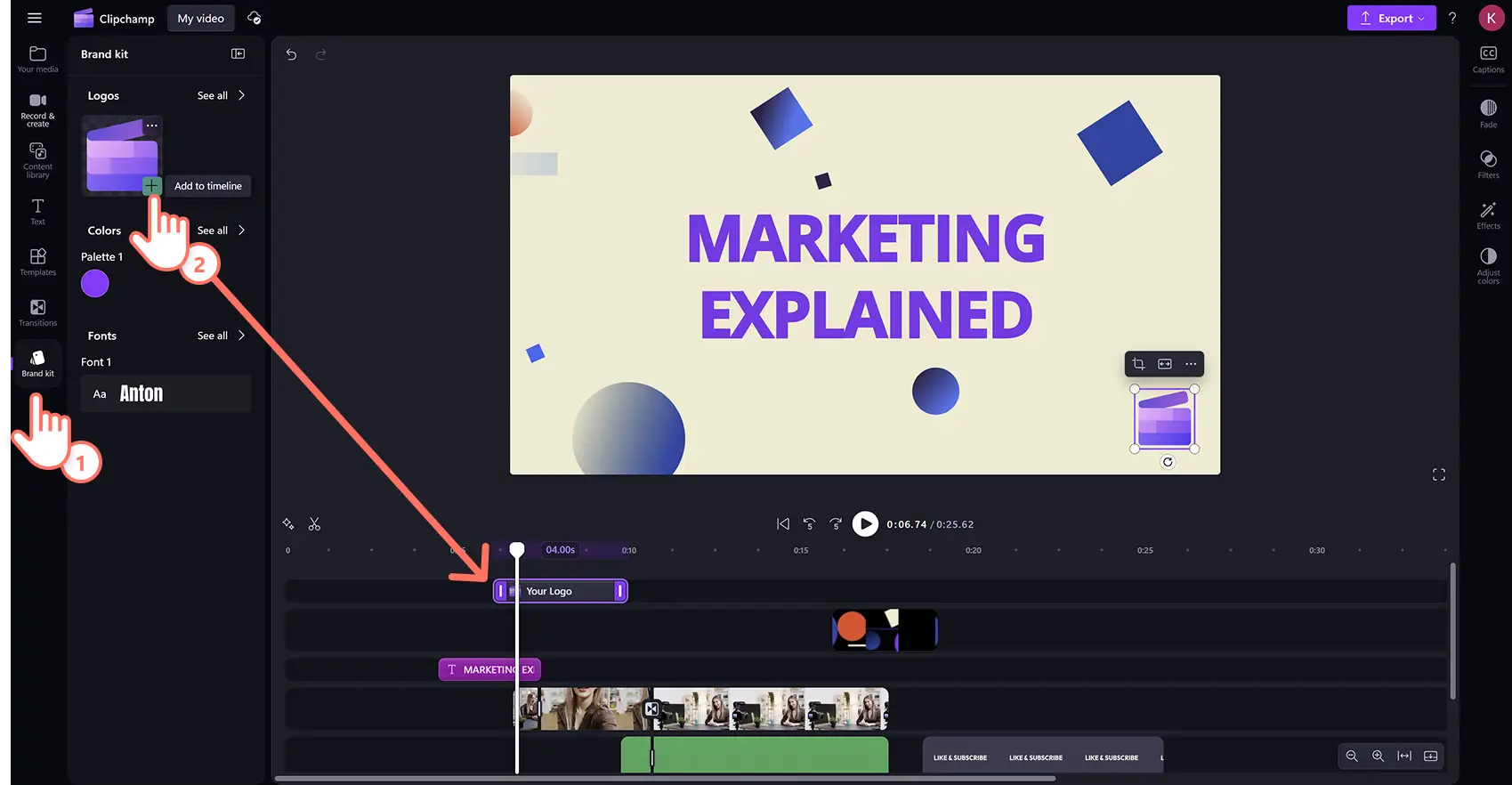 Un utilizator care adaugă o siglă din instrumentul Kit de marcă într-un șablon video în editorul video Clipchamp.