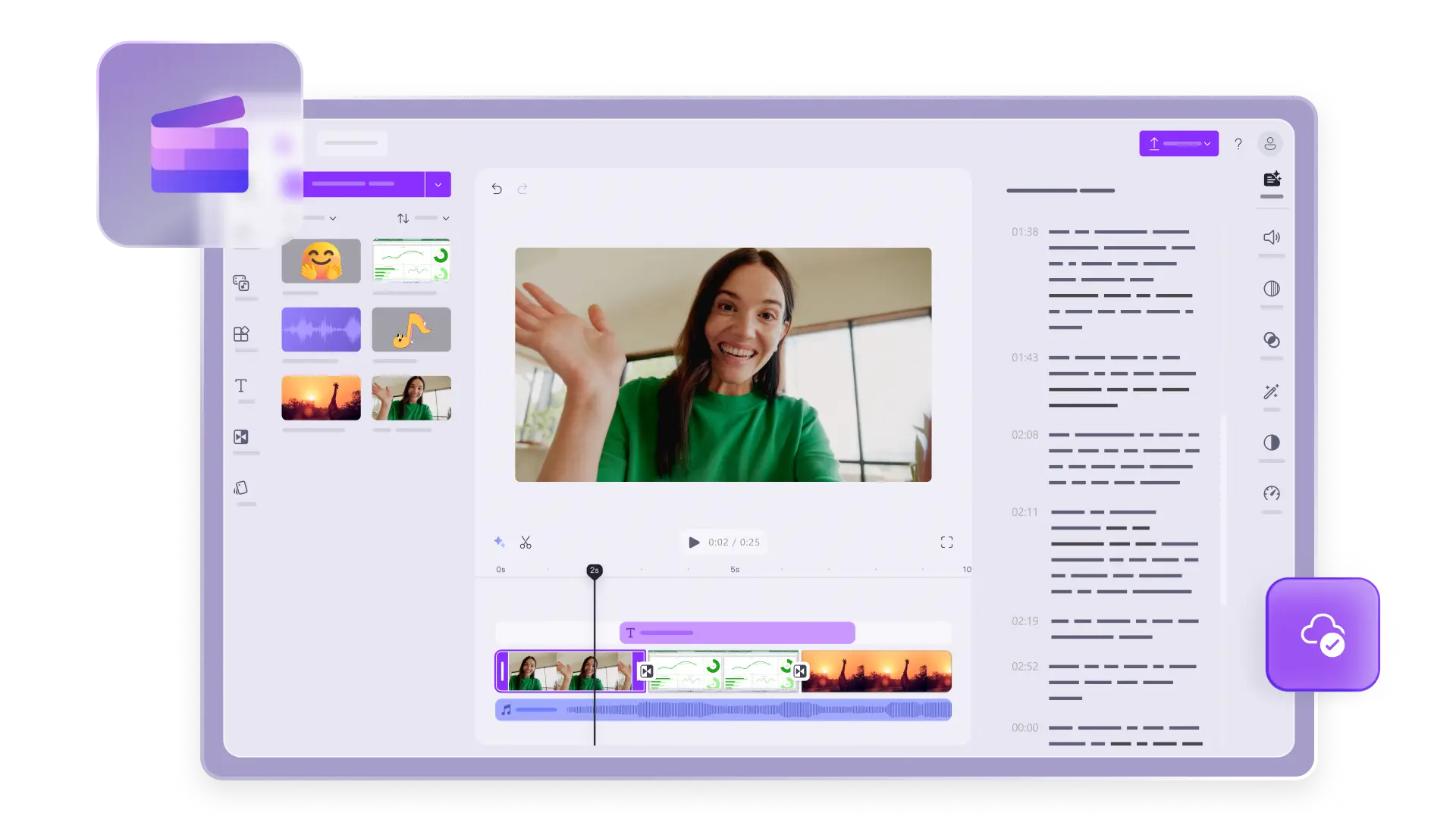 Clipchamp video editor interface with transcription editing feature