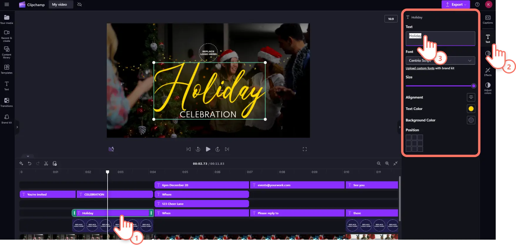 A user customizing the text of a party video invite template in Clipchamp.