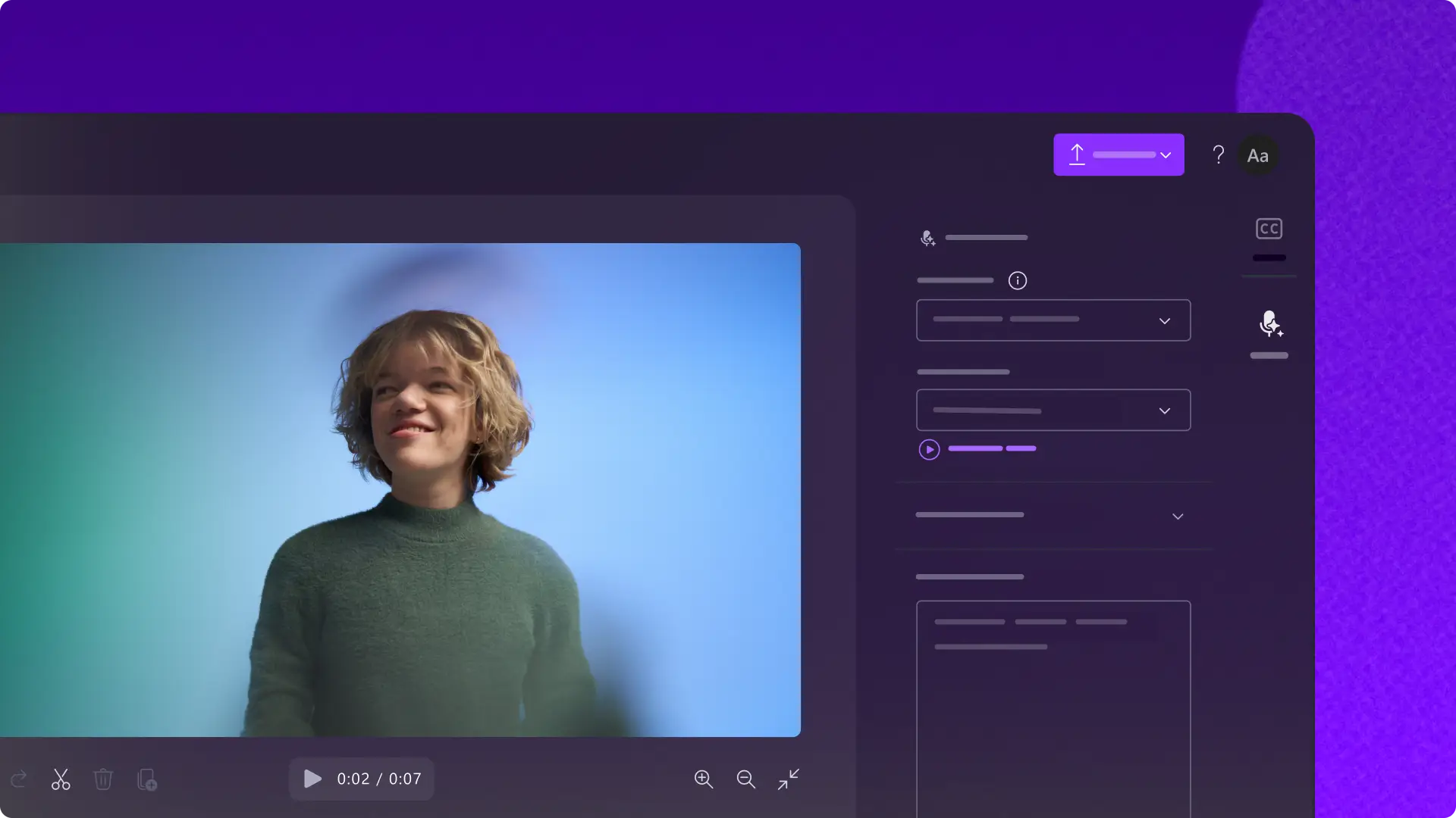 Usuário gerando uma transcrição de vídeo e editando o vídeo com base na transcrição no Clipchamp