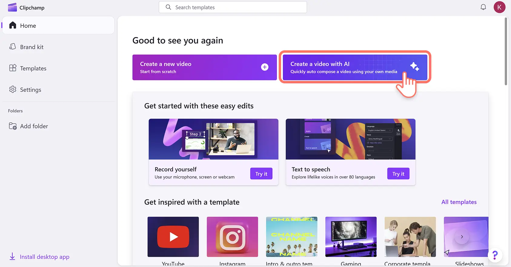 Clipchamp video düzenleyici ana sayfasındaki yapay zeka ile video oluştur düğmesine tıklayan bir kullanıcı.