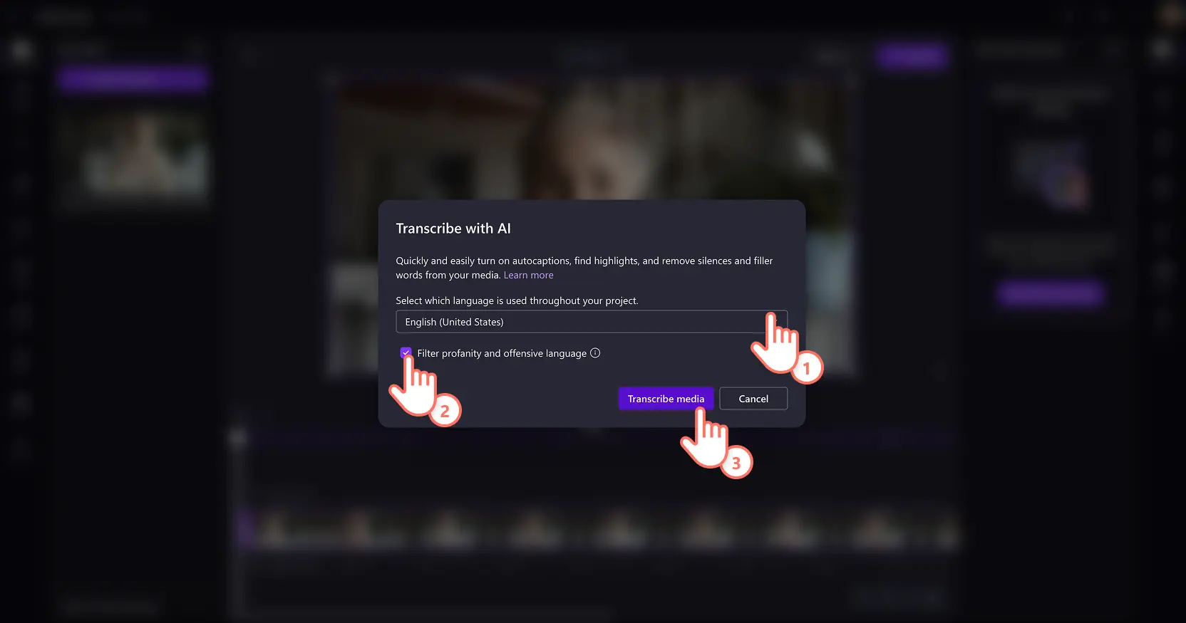 En bruger vælger sprog for afskrift med kunstig intelligens i Clipchamp-videoeditoren til arbejde