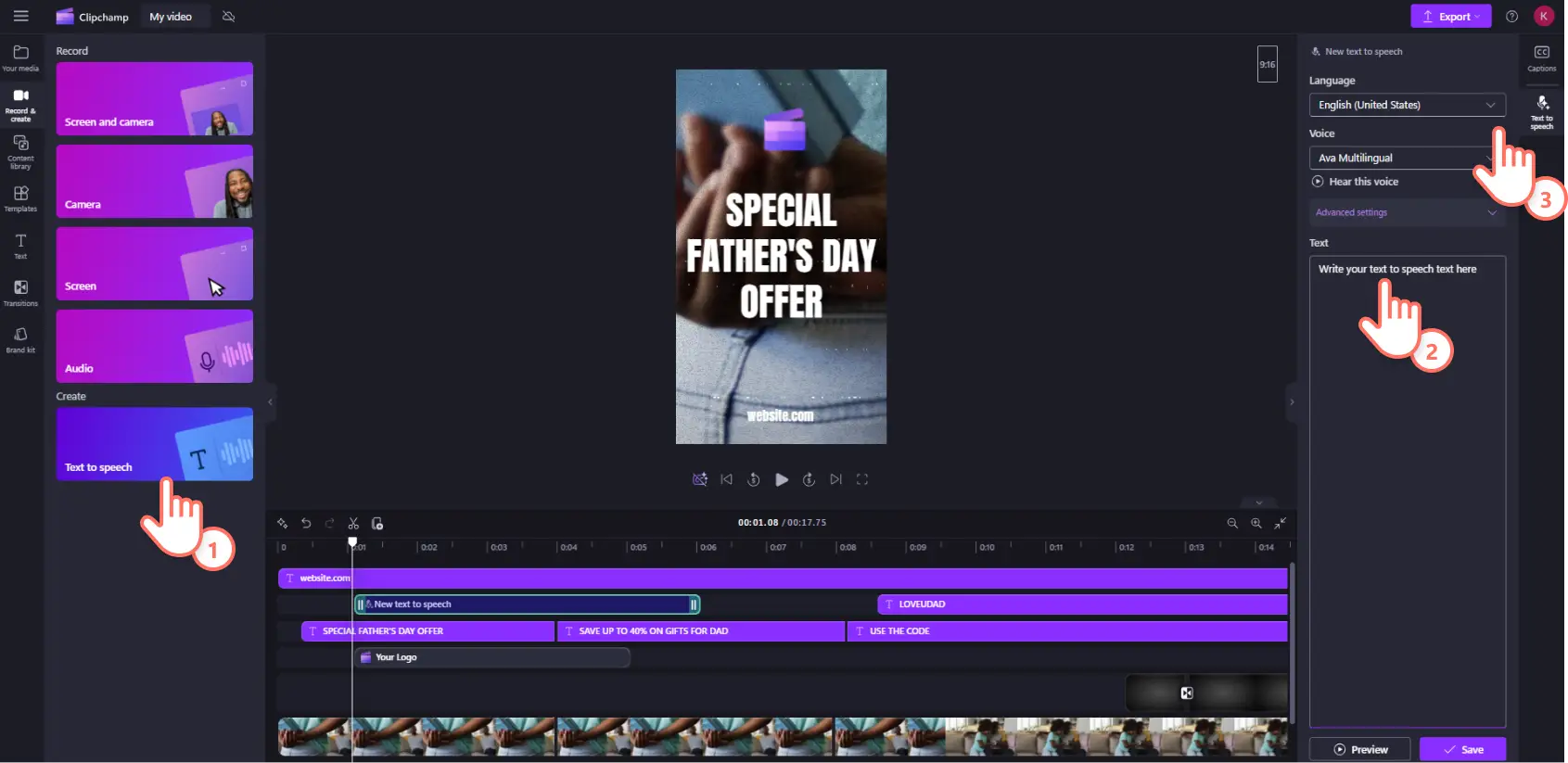 An image of a Clipchamp user entering text into the AI voice generator tool for their Facebook Story video.