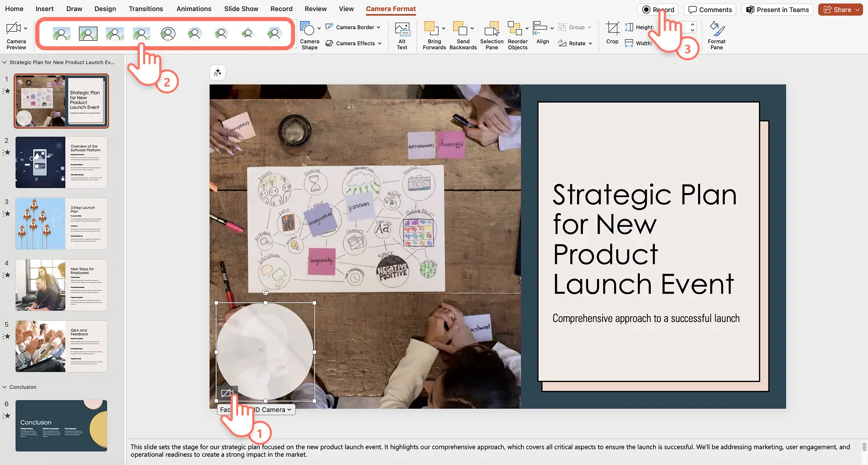 Un usuario seleccionando la fuente de la cámara, la forma de la cámara y el botón Cameo de grabación en PowerPoint 