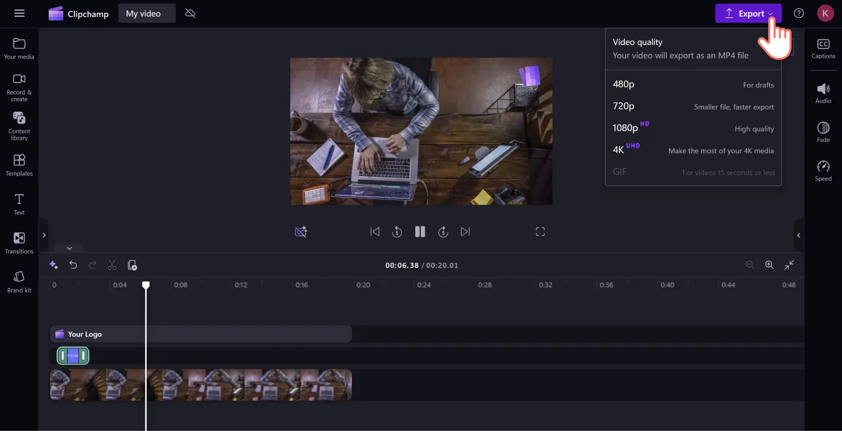 A user exporting a video which contains a logo reveal animation in Clipchamp.