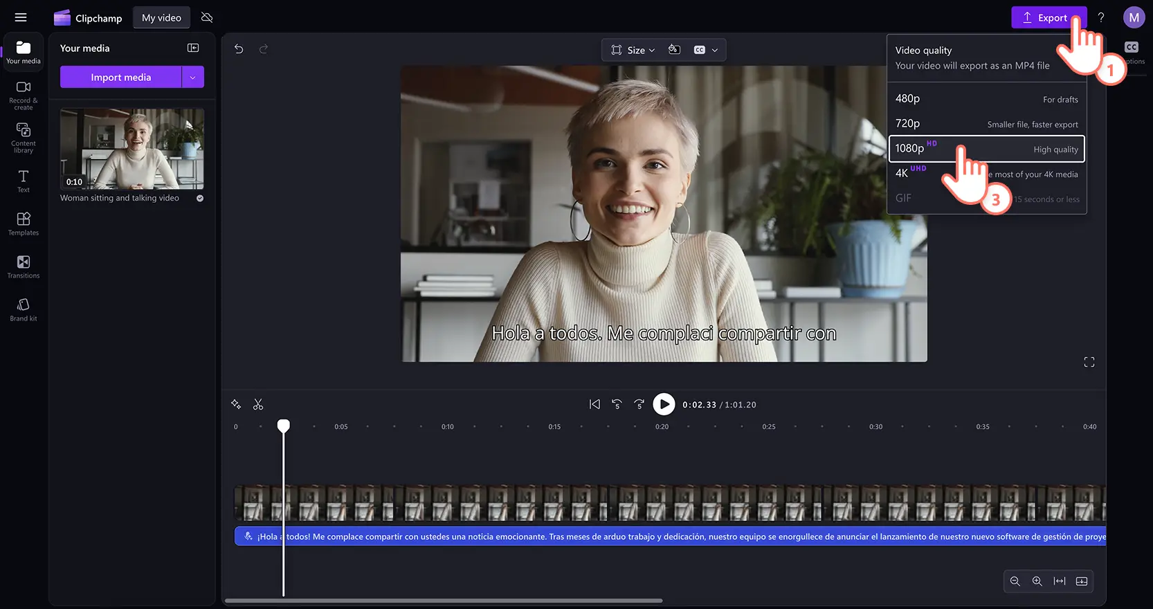 Un usuario exportando un vídeo de alta calidad en el editor de vídeo Clipchamp.