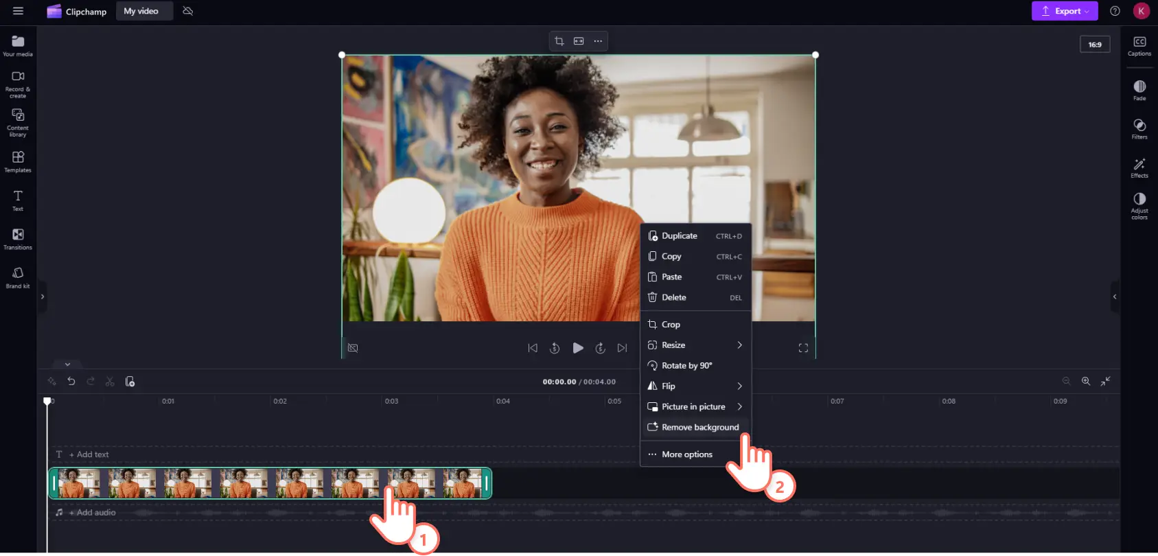 A user right-clicking the remove background button in Clipchamp.
