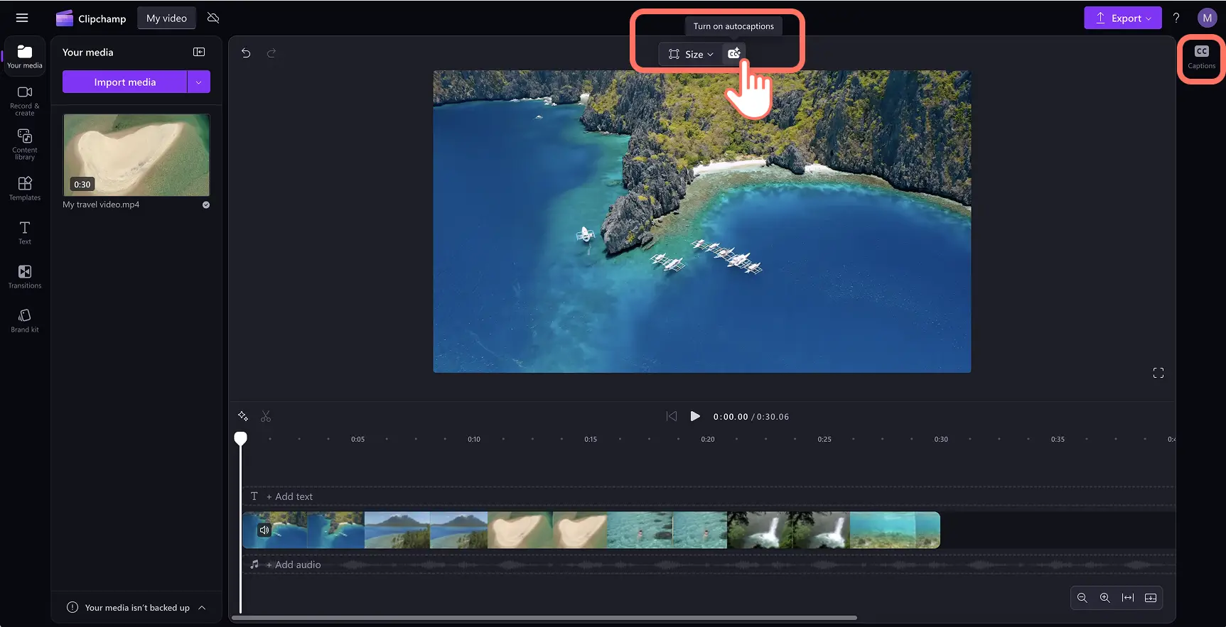 Pengguna menggunakan keterangan otomatis di Clipchamp