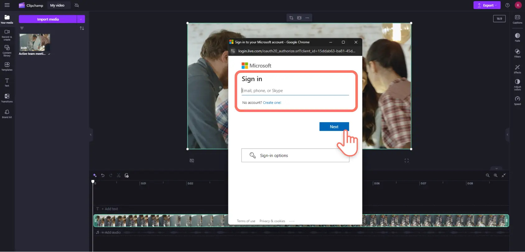 Зображення, на якому користувач Clipchamp входить у Microsoft OneDrive за допомогою спливаючого вікна.